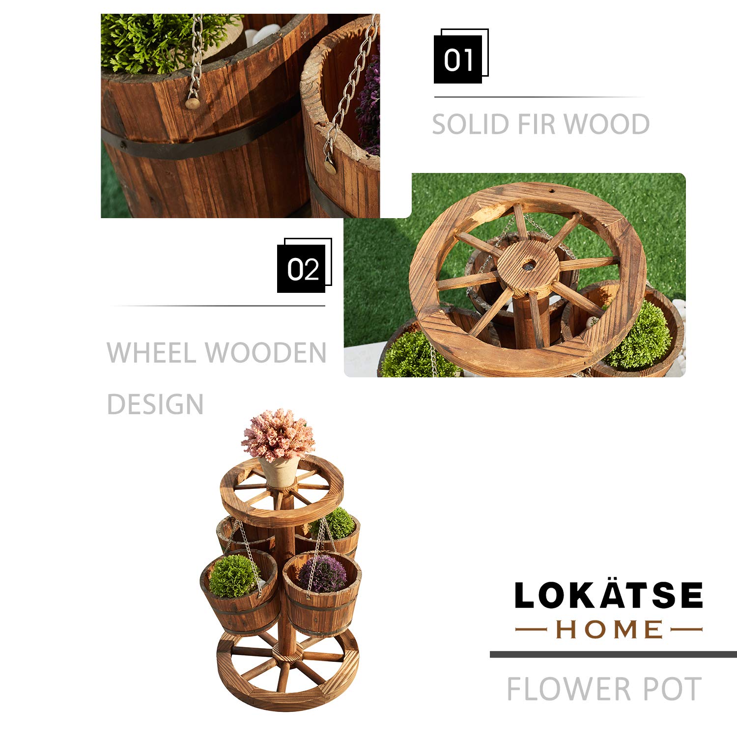 LOKATSE HOME Rustic Wooden Wagon Barrel Wheel Planter with Buckets - Outdoor Garden Decor for Patio, Yard, and Porch - Perfect for Flowers, Plants, and Herbs