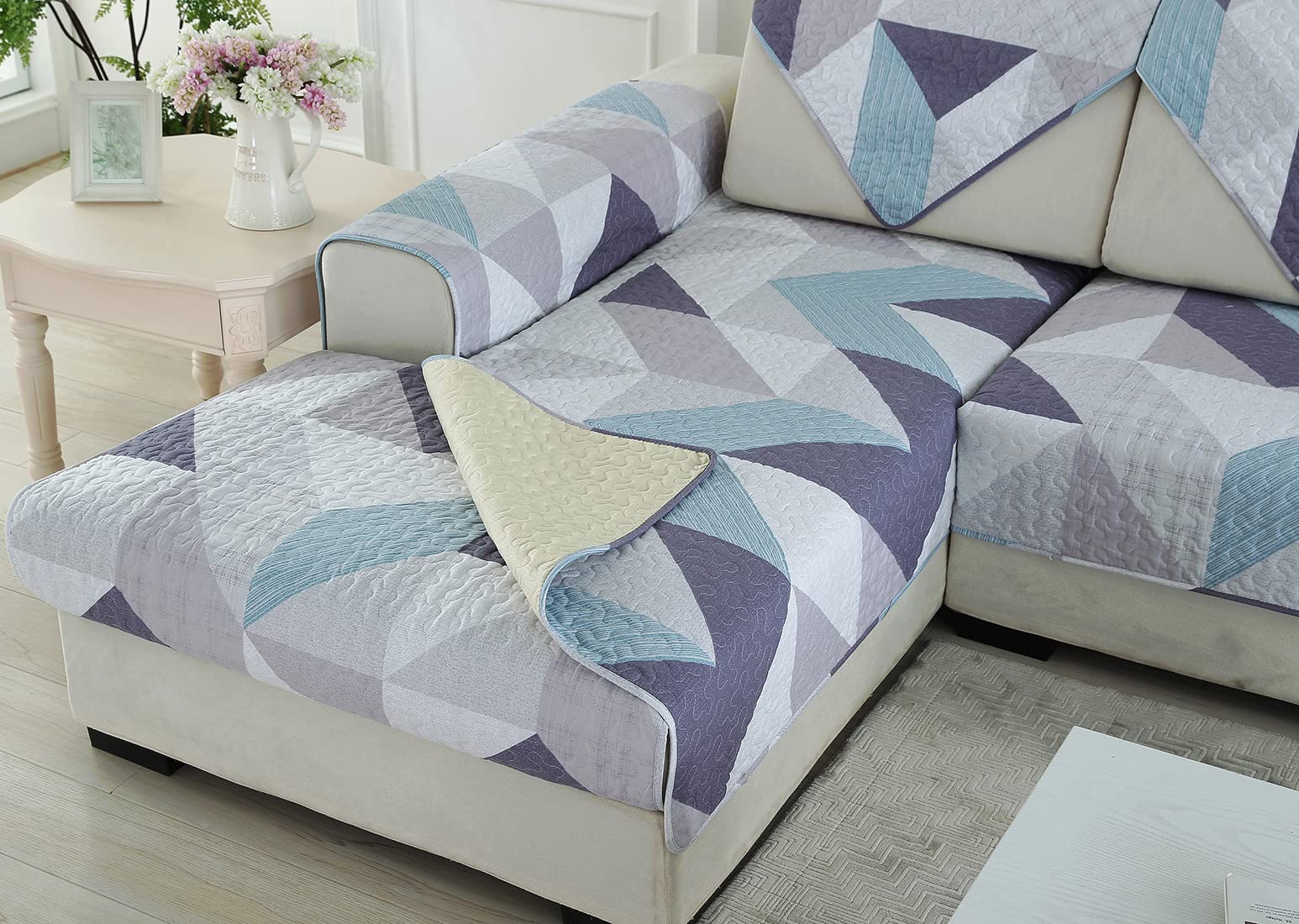 VCTOPS Cotton Quilted Sofa Cover - Non-Slip Printed Sectional Couch Protector for Pets, Soft Furniture Slipcover for Dogs & Cats, Fits Love Seat, Recliner & L-Shaped Couches (Triangle Pattern, 43x82 Inches) - Perfect for Living Room, Family Room & Pet-Friendly Homes