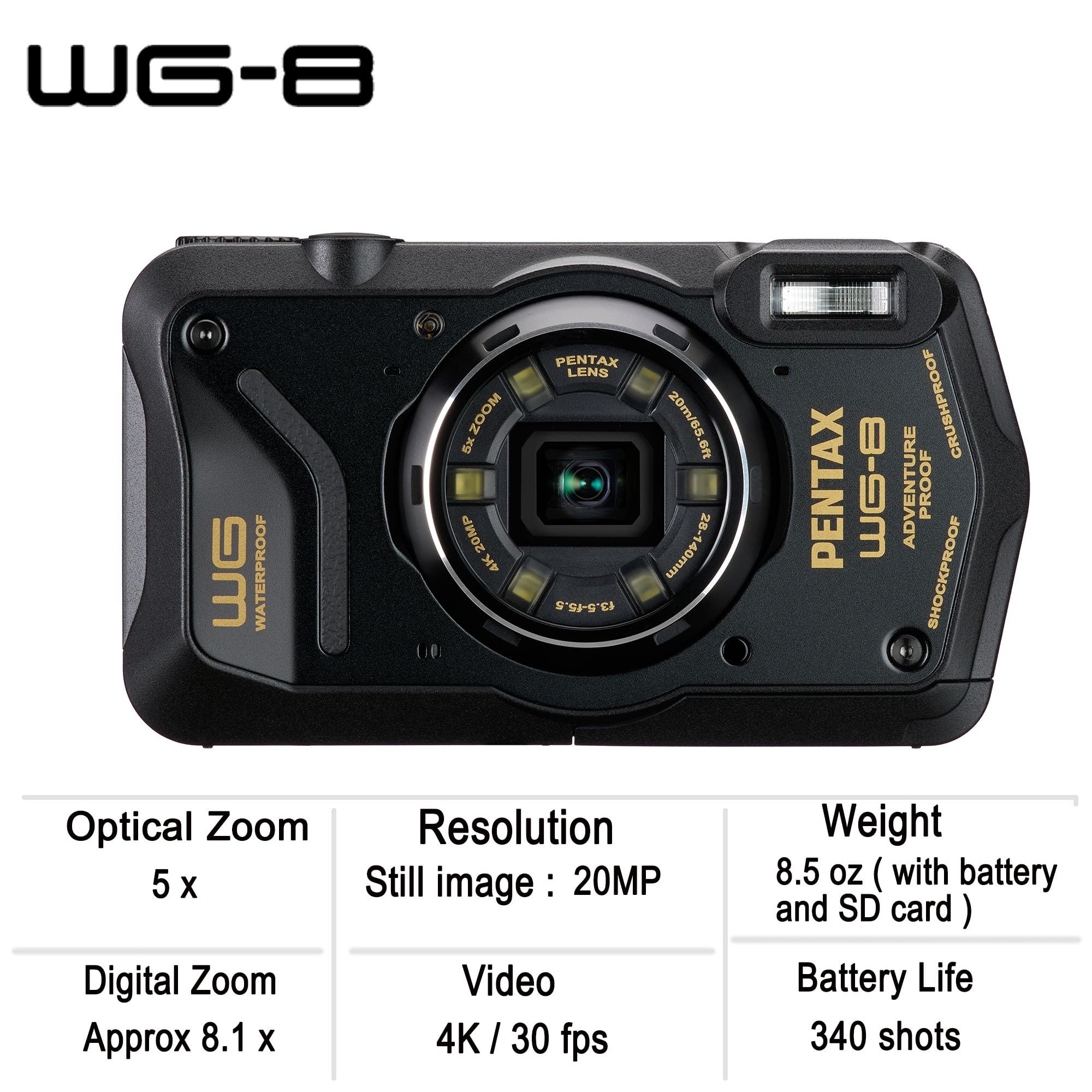 **PENTAX WG-8 Black Waterproof Digital Camera - Shockproof, Dustproof, 4K Video, Macro Ring Light, Webcam Function for Outdoor Adventures, Travel & Vlogging**    *(Optimized for SEO, includes key features and usage scenarios like outdoor adventures, travel, and vlogging.)*