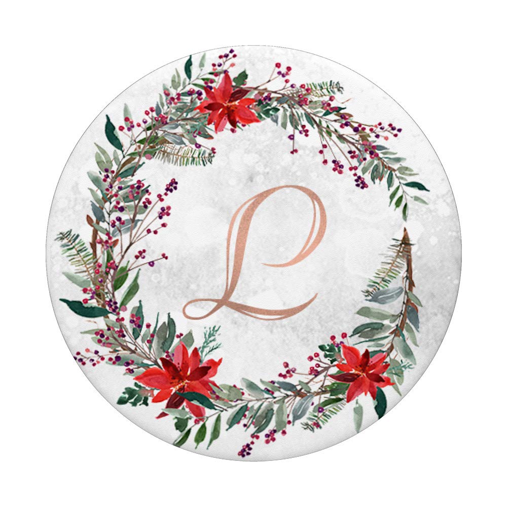 Rose Gold Monogram Letter L Christmas Wreath PopSocket - Custom Phone Grip & Stand for iPhone, Samsung - Perfect Holiday Gift & Home Decor Accessory