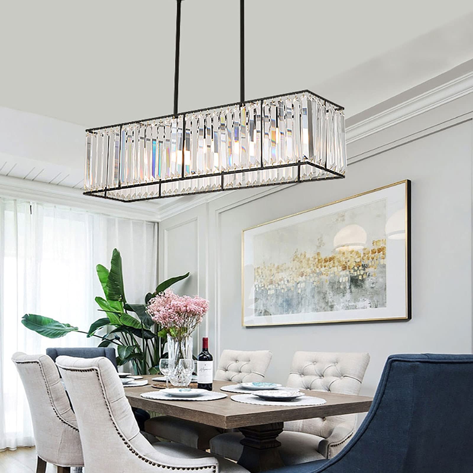 Modern Crystal Chandelier Gold & Black Rectangle Pendant Light - Elegant Ceiling Fixture for Dining Room, Living Room, Bedroom Decor | Perfect for Home, Hotel, Restaurant Lighting