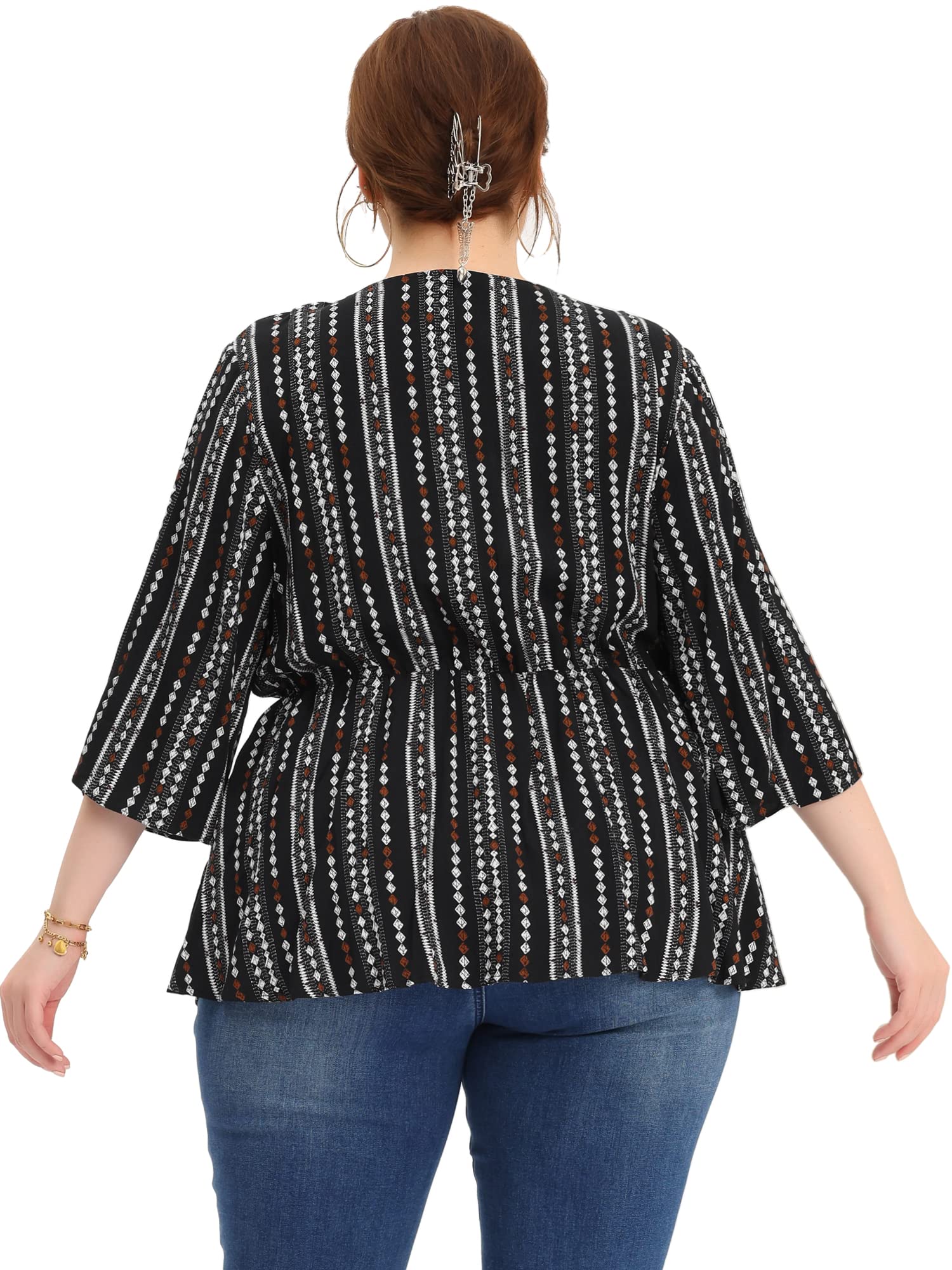 Agnes Orinda Plus Size Boho V-Neck Striped Peplum Blouse for Women - Stylish Work Tops & Casual Wear 2024 | Perfect for Office, Date Night & Weekend Outfits