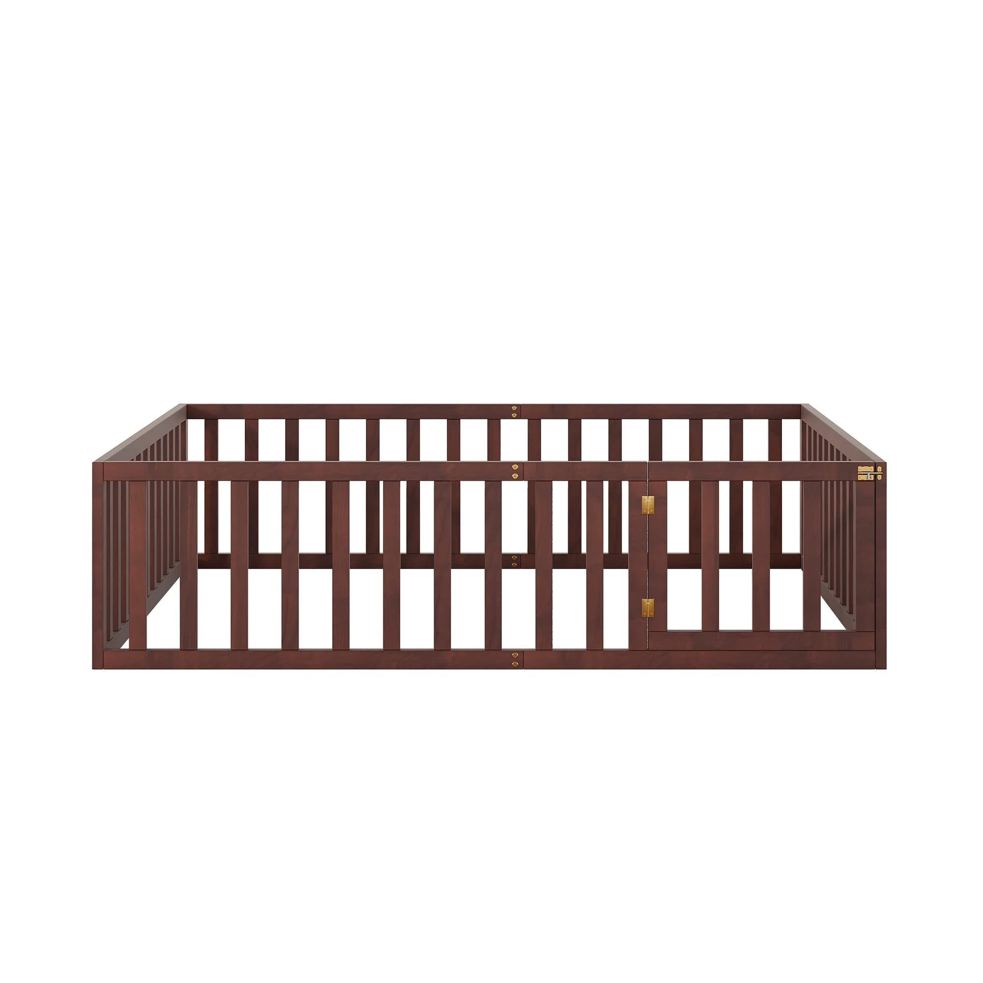 SOFTSEA Queen Floor Bed with Fence & Door - Sturdy Wooden Bed Frame for Kids & Teens - Low Profile Mattress Foundation (Spring Required) - Perfect for Montessori Rooms, Small Spaces & Sleep Safety