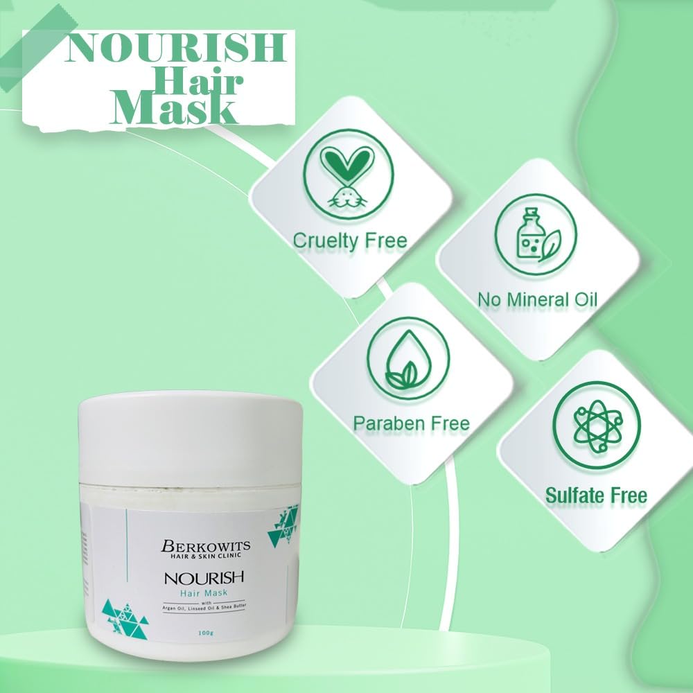 Berkowits Hair & Skin Clinic Nourishing Hair Mask with Argan Oil, Linseed Oil & Shea Butter - Deep Conditioning Treatment for Dry, Damaged Hair - 100g for Men & Women | Perfect for Salon-Quality Hair Care at Home