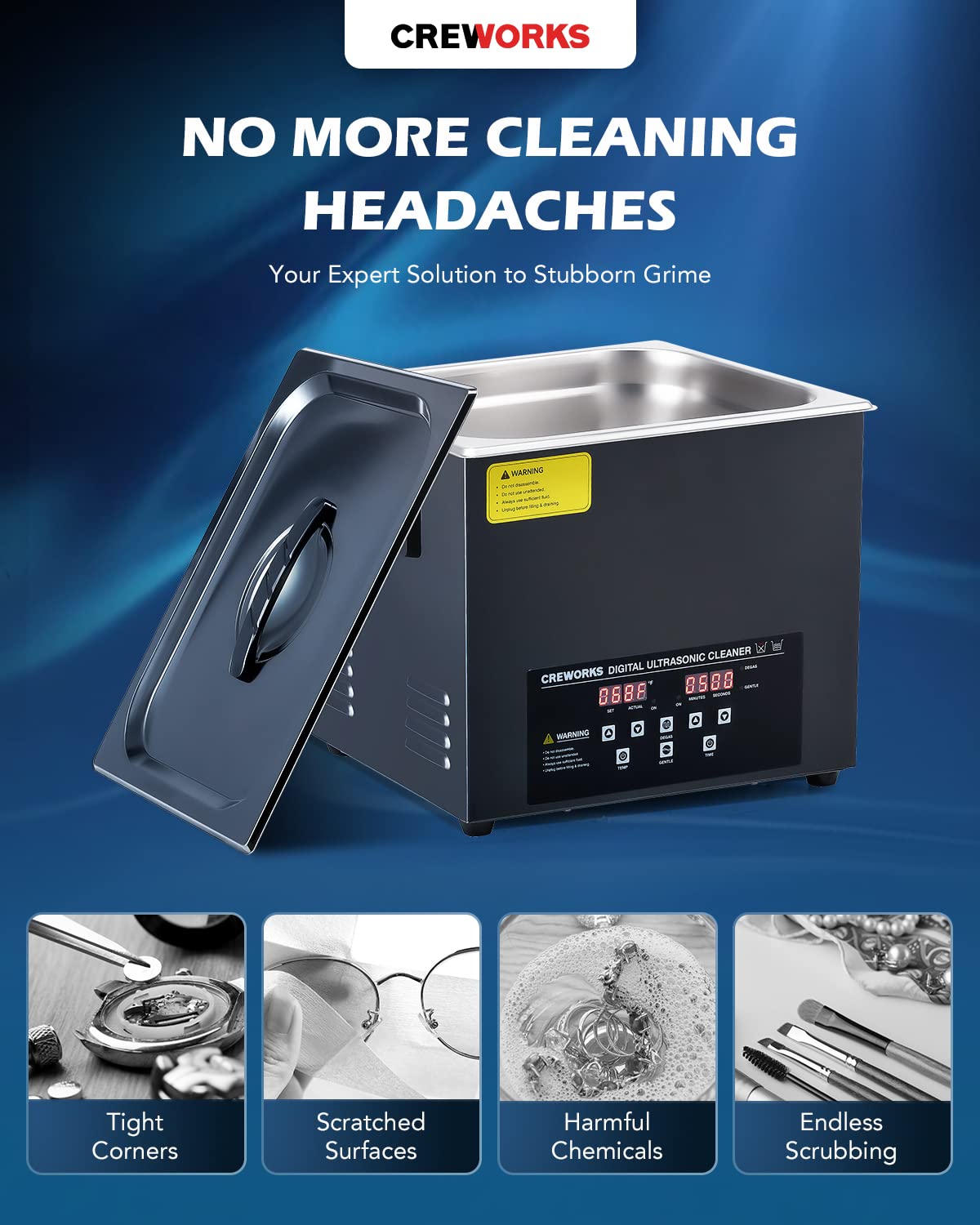 CREWORKS 10L Digital Ultrasonic Cleaner with Heater, Timer, Degas & Gentle Mode - 240W Professional Ultrasonic Cleaning Machine for Jewelry, Watches, Retainers, Auto Parts & Tools (2.6 Gallon Capacity) - Perfect for Home, Dental Clinics & Repair Shops