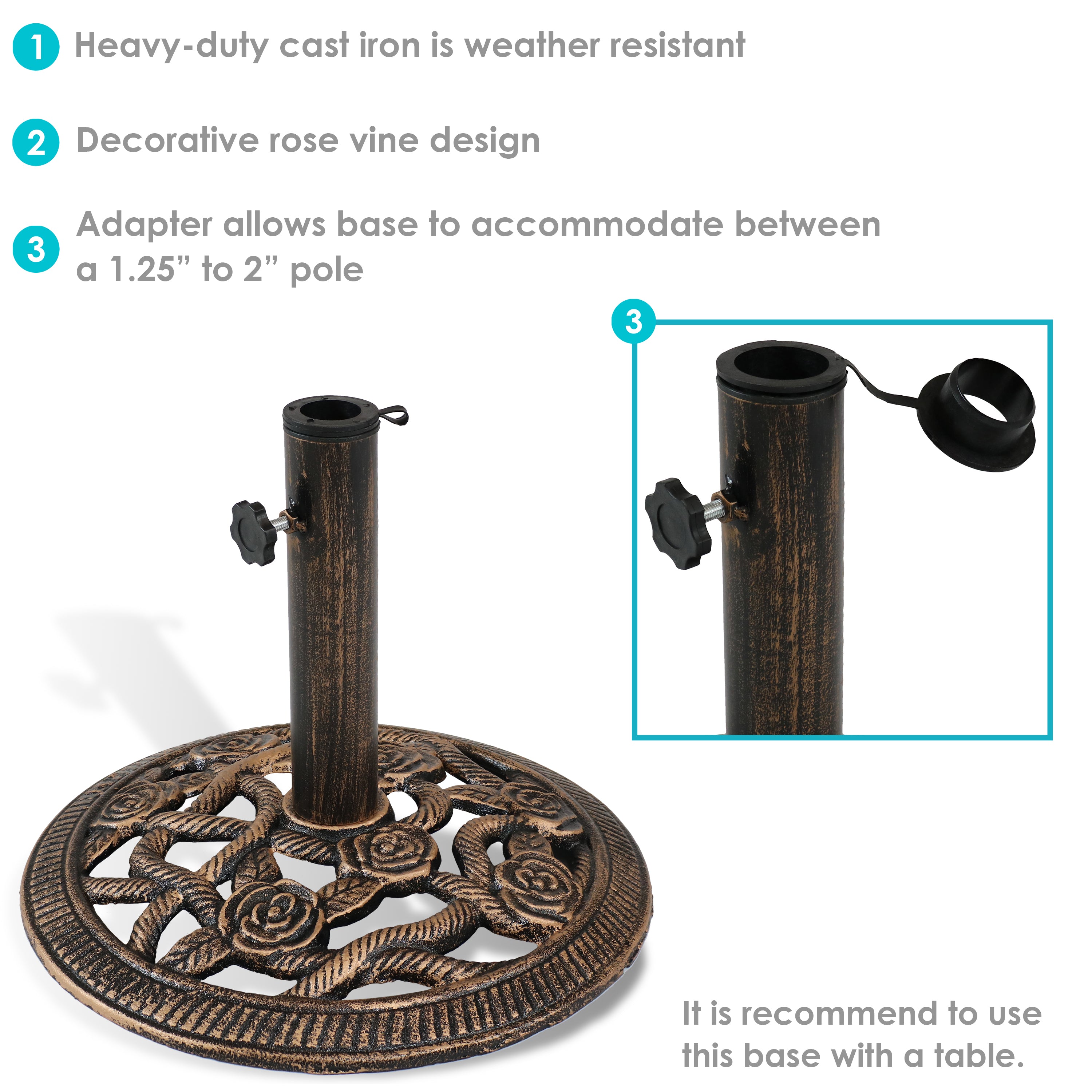 Sunnydaze Rose Blossom Cast Iron Patio Umbrella Base - 16 Inch Diameter, Heavy Duty Outdoor Umbrella Stand for Garden, Deck, Poolside & Backyard Use