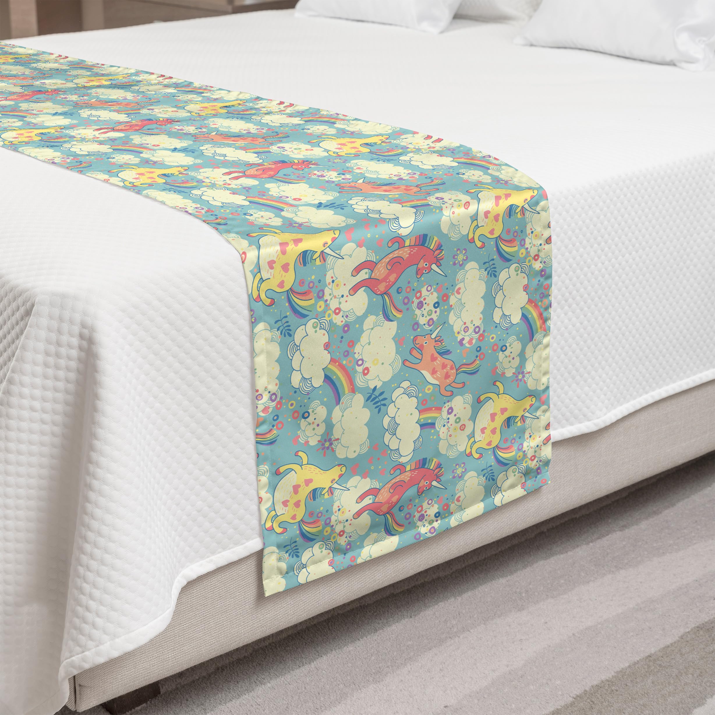 Ambesonne Pastel Bed Runner - Rainbow Unicorns Flying in Clouds Cheerful Design, Decorative Bed Scarf for King Size Beds | Perfect for Hotels, Homes & Guest Rooms | Soft Accent Piece for Bedroom Decor, Kids Room & Nursery