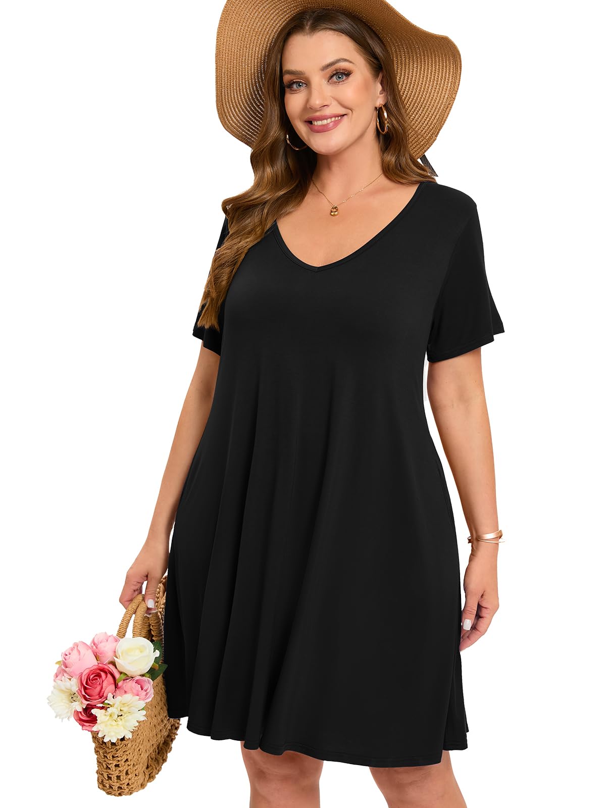 ZENNILO Women's Plus Size Swing Dress with Pockets - Casual Summer V-Neck Short Sleeve T-Shirt Dress for Women | Perfect for Beach, Vacation & Everyday Wear