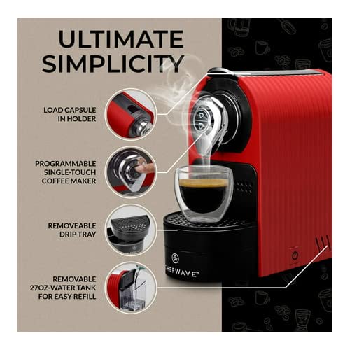 ChefWave Mini Espresso Machine for Nespresso Pods - Programmable One-Touch Coffee Maker with Water Tank & Pod Holder, Includes 2 Double-Wall Glass Cups & 20 Bestpresso Intenso Capsules - Perfect for Home, Office or Gifts (Red)