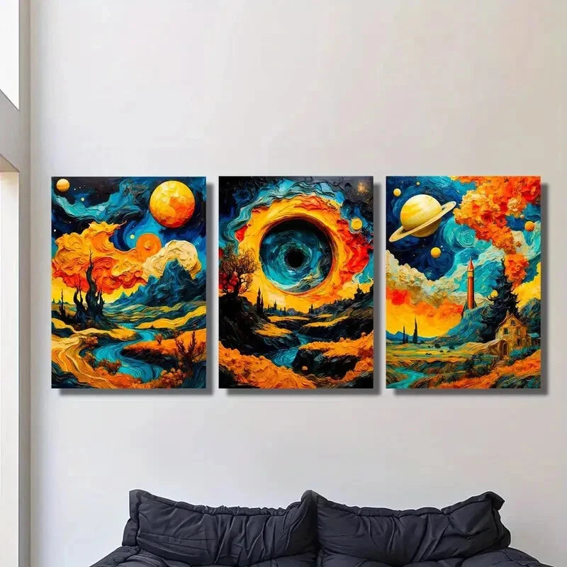3-Piece Vibrant Mountain Lake Sunset & Cosmic Sky Metal Wall Art Prints - Ready to Hang - Perfect for Living Room, Bedroom & Office Decor