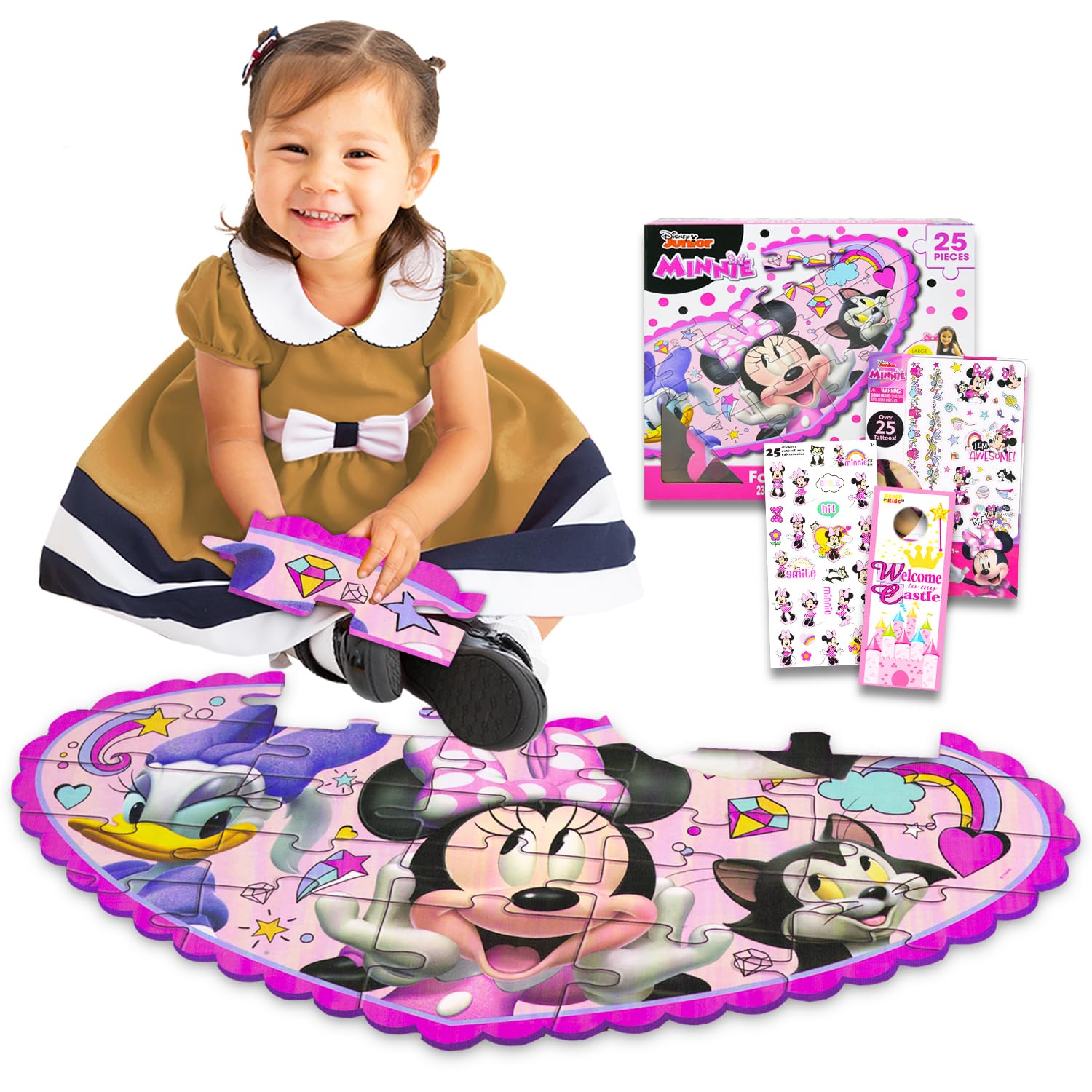 Minnie Mouse 25-Piece Foam Floor Puzzle Set for Kids - Includes Stickers, Tattoos & More | Fun Educational Jigsaw Puzzle for Girls | Perfect for Playrooms, Preschool Learning & Birthday Gifts