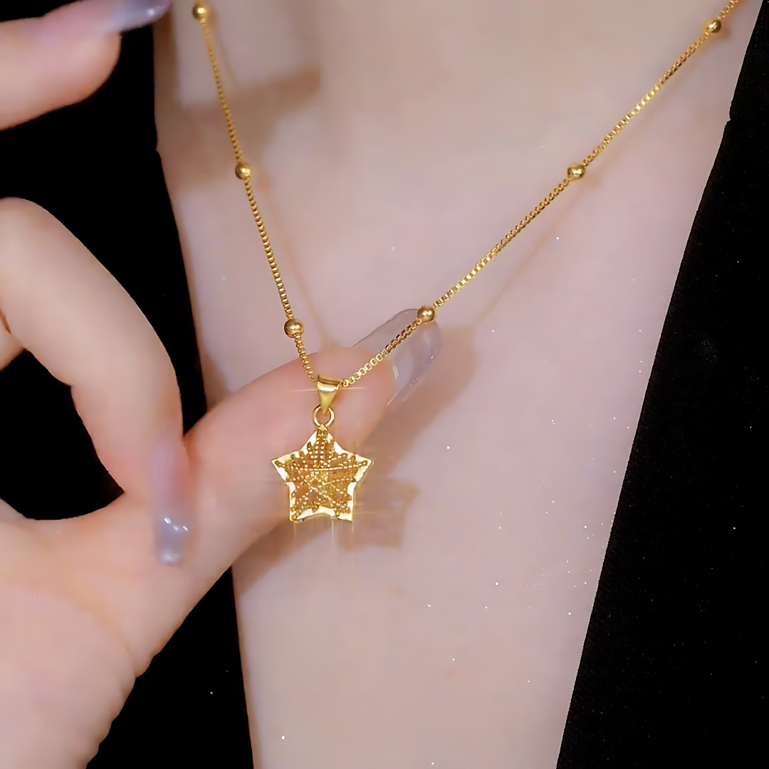 Elegant Hollow Star Pendant Gold Chain Necklace for Women - R8275 | Perfect for Everyday Wear, Gift Giving & Special Occasions