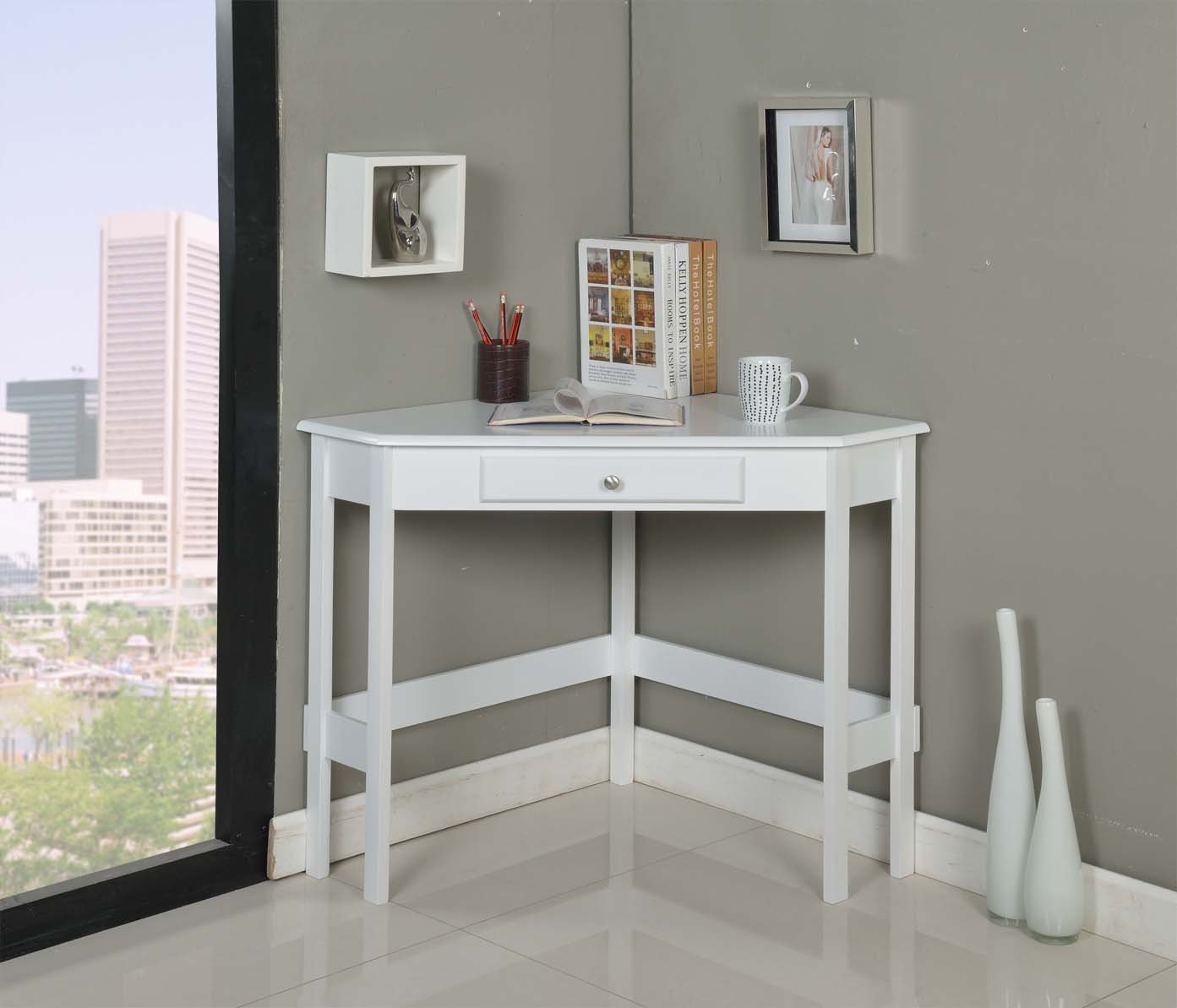 Kings Brand Furniture - Hastings White Wood Corner Desk with Drawer for Home & Office - Perfect for Small Spaces, Study Rooms & Workstations