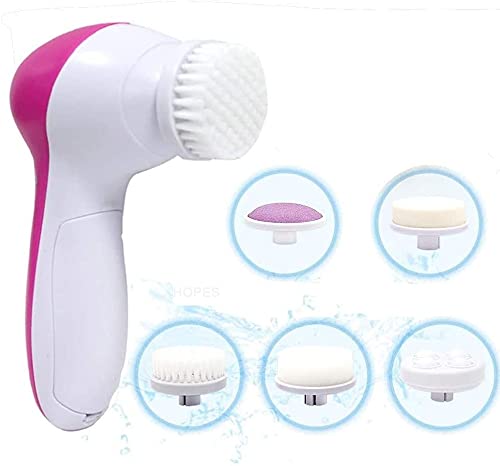HOPES 5-in-1 Waterproof Facial Cleansing Brush Set with 5 Replaceable Brush Heads - Gentle Exfoliating, Blackhead Removal & Deep Pore Cleansing for Daily Skincare Routine at Home or Travel