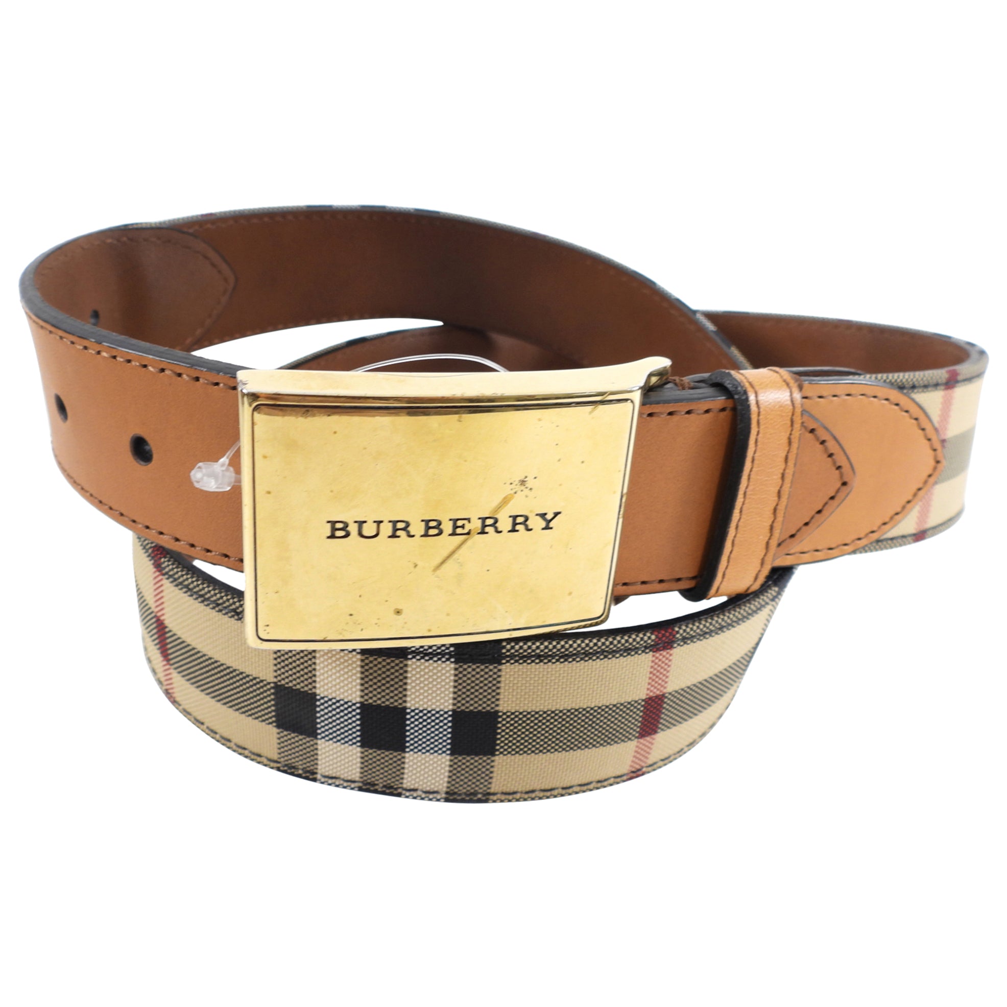 Burberry Brass Buckle Check and Tan Leather Belt for Men - 95/36 Size - Classic Luxury Accessory for Office, Casual & Formal Wear
