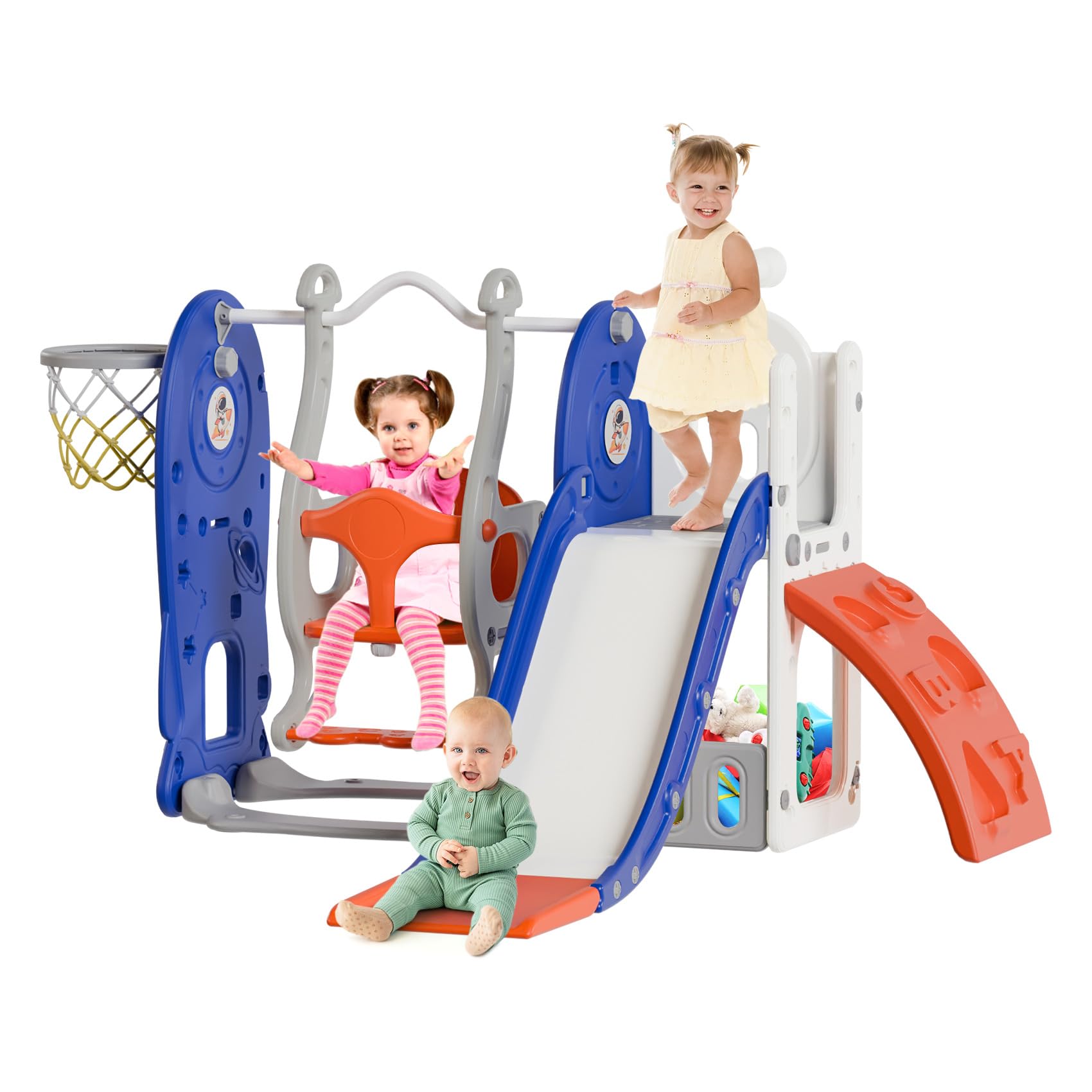 BIERUM 7-in-1 Toddler Slide with Swing Set - Indoor/Outdoor Baby Playground for Ages 1-3 Years - Includes Basketball Hoop & Telescope - Blue & Orange Color - Perfect for Backyard, Nursery, Daycare & Preschool Playtime