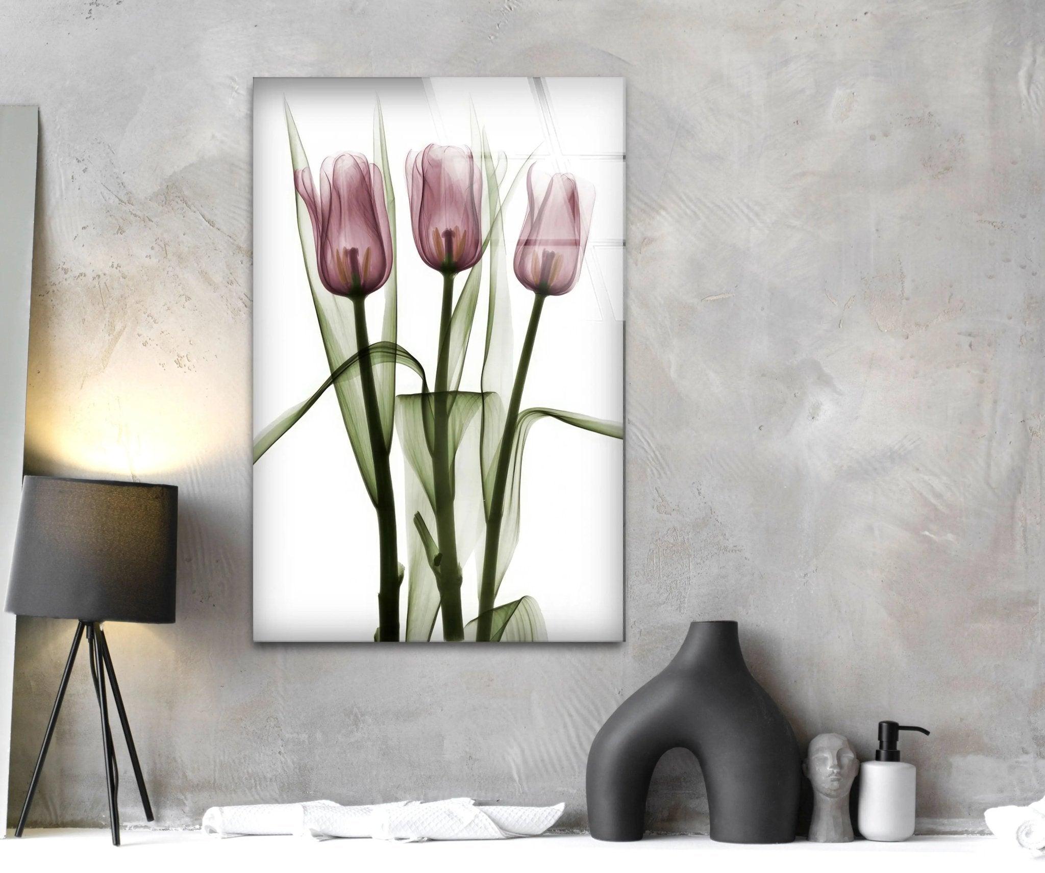 Albert Koetsier Triplet Tulips Stained Glass Wall Art - Handcrafted Floral Home Decor for Living Room, Bedroom & Office