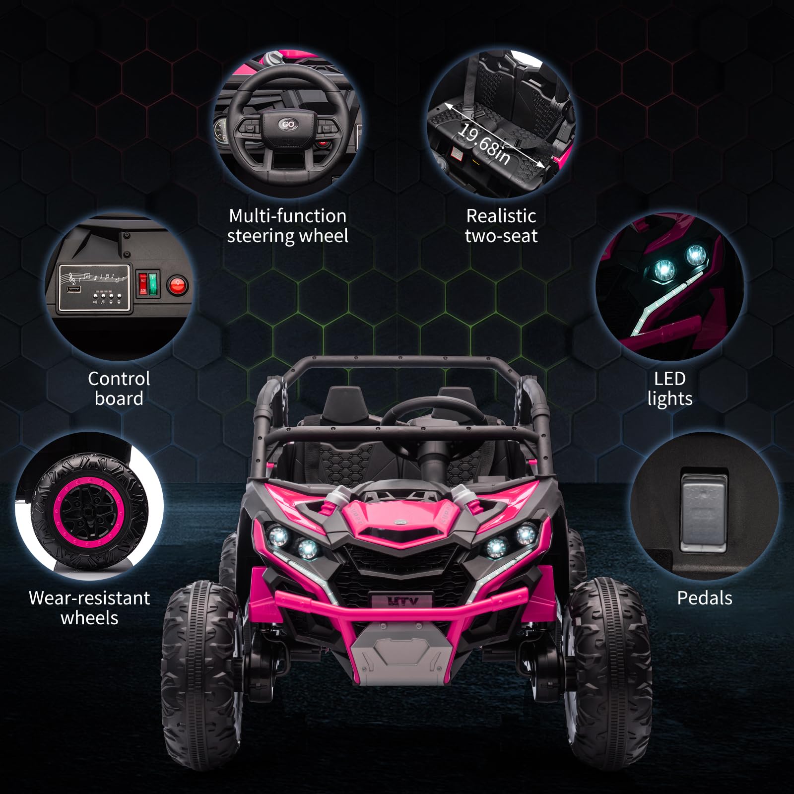 GARVEE 24V Kids Ride On UTV - 2 Seater 4WD Electric Truck with Parent Remote Control, Dual Speed Modes, LED Lights & Shock Absorbers | One-Touch Start, Built-in Music Player (Rose Pink) - Perfect for Outdoor Adventures, Backyard Play & Birthday Gifts for Boys & Girls Ages 3-8
