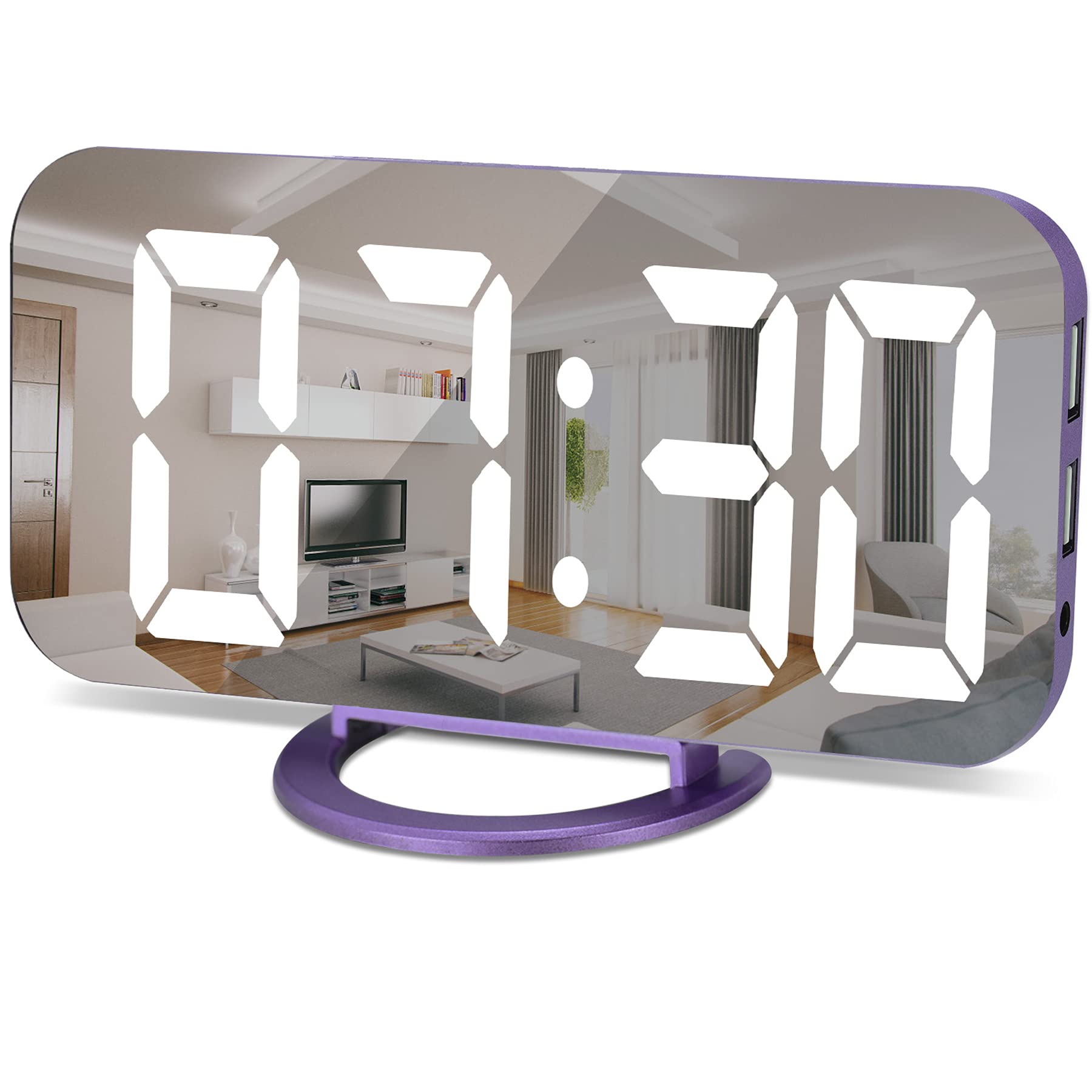 Digital Alarm Clock with LED Display & Mirror Surface - 2 USB Charger Ports, 3 Brightness Levels, 12/24H Mode - Small Desk Clock for Bedroom, Office, Nightstand (Purple) - Perfect for Home, Travel & Gift Giving