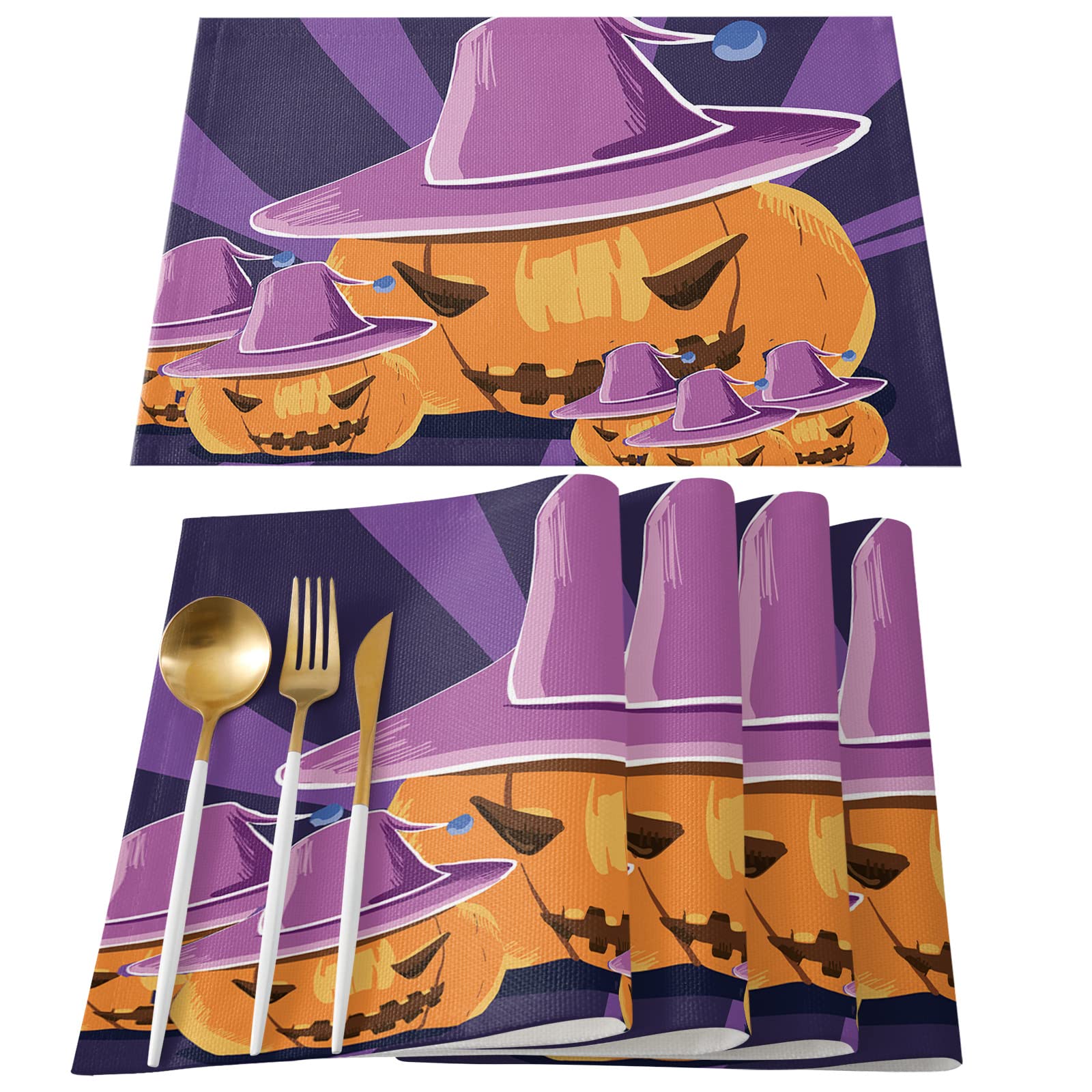 Halloween Placemats Set of 4 - Jack-o-Lantern & Purple Witch Hat Non-Slip Table Mats for Dining Table | Heat-Resistant & Washable | Perfect for Halloween Dinner Party, Holiday Banquet & Fall Home Decor