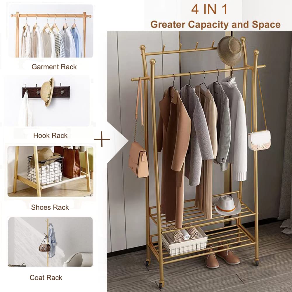 Heavy Duty Gold Rolling Garment Rack with Shelves - 31.5