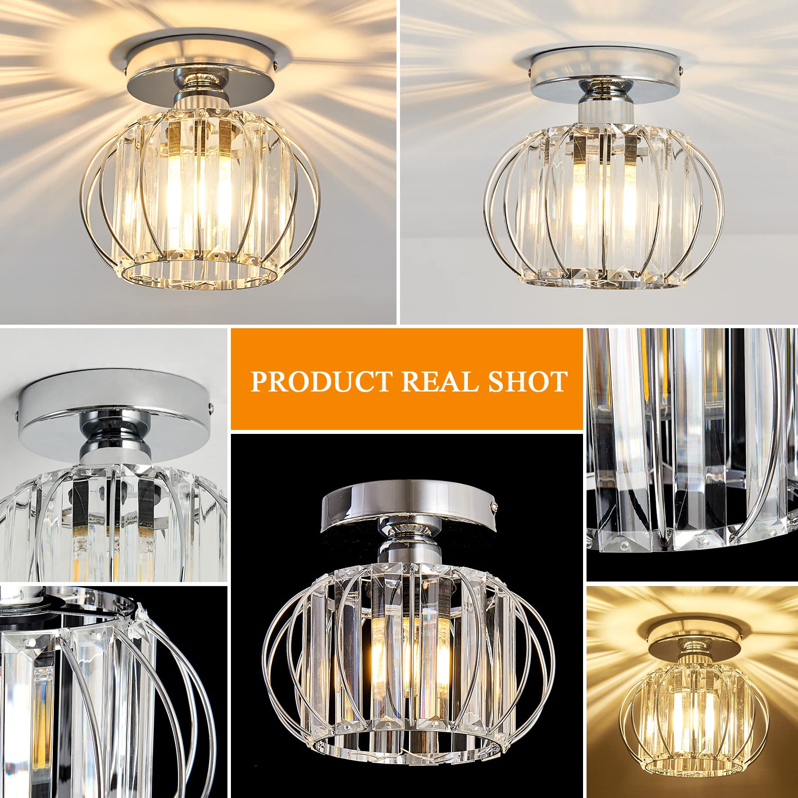 Modern Semi Flush Mount Ceiling Light Fixture - E26 Mini Crystal Chandelier in Chrome/Silver - Small Ceiling Lamp for Entryway, Bedroom, Bathroom, Hallway, Closet & Foyer - Perfect for Home Decor, Apartment Lighting & Interior Design