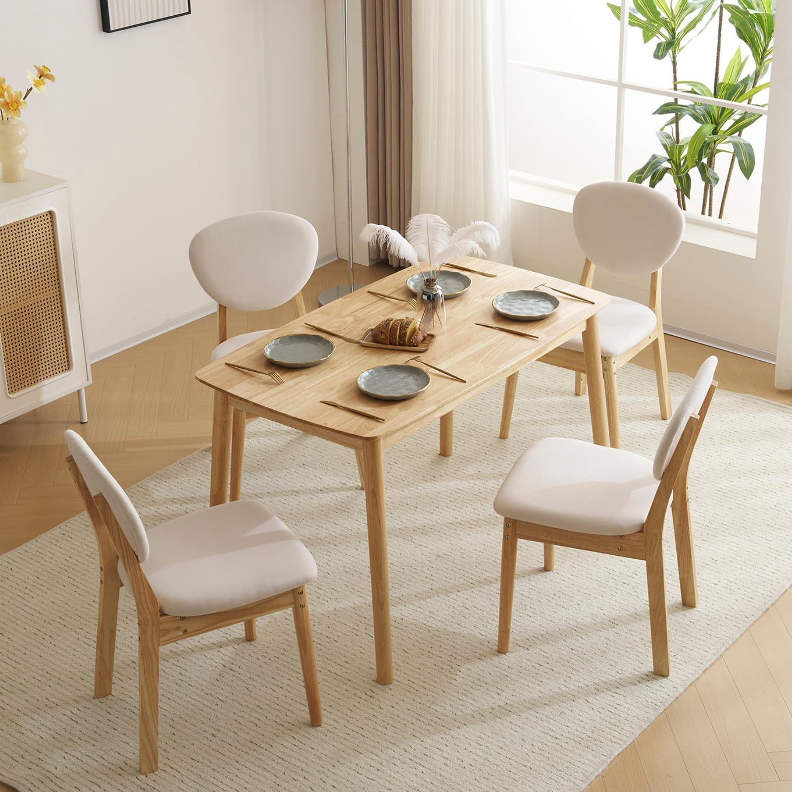 Karl Home Modern 5-Piece Natural Wood Dining Table Set for 4 - Mid-Century Compact Kitchen Table & Chairs with Padded Seats - Perfect for Small Apartments, Breakfast Nooks & Cozy Dining Rooms