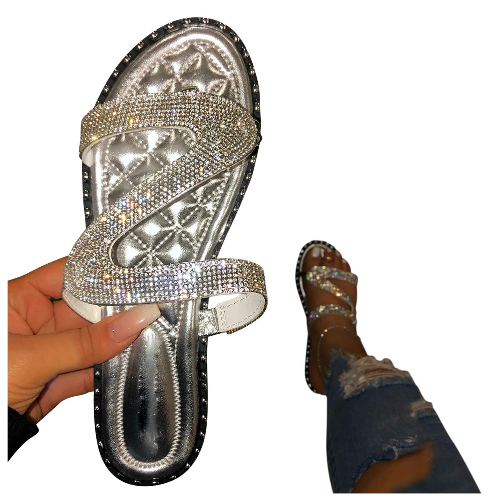 Elegant Rhinestone Flat Sandals for Women | Comfortable Bohemian Summer Sandals | Dressy Casual Beach Shoes for Travel, Outdoor & Vacation Wear