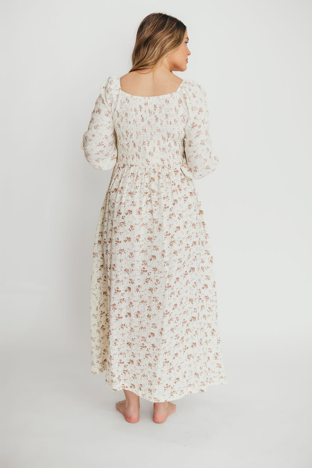 100% Cotton Smocked Maxi Dress for Women - Ivory/Mauve Floral Print | Bump Friendly Maternity Dress | Perfect for Summer, Beach Vacations & Special Occasions