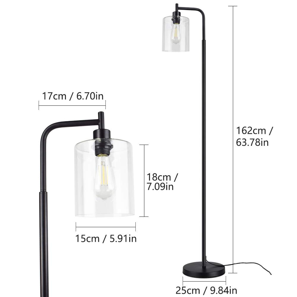 DLLT Industrial LED Floor Lamp with Clear Glass Shade - Tall Standing Light for Bedroom, Living Room & Office - Adjustable Reading Light with E26 Socket - Modern Black Pole Light for Home Decor & Workspace Lighting