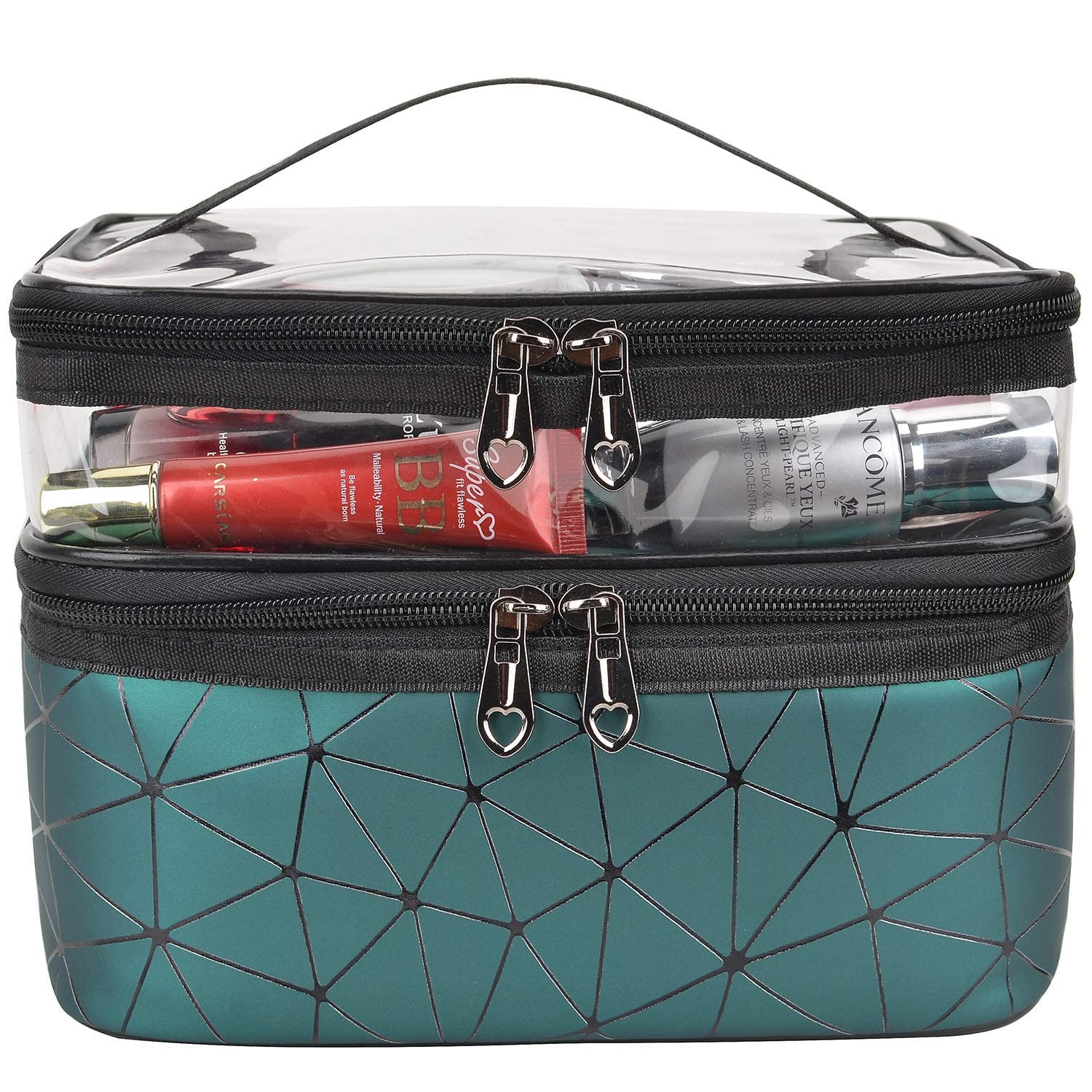 HITSHREE Women's Makeup Travel Organizer Toiletry Bag - Double Layer Cosmetic Case for Brushes & Beauty Tools, Portable Luxury Makeup Pouch (Green Diamond) | Perfect for Travel, Gym, and Daily Organization