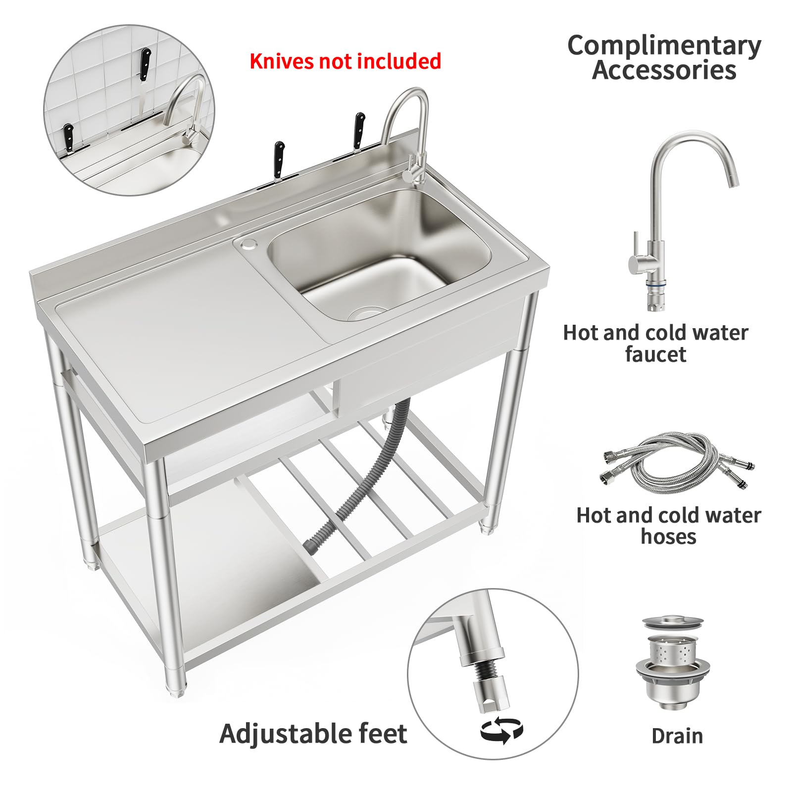 Commercial Stainless Steel Utility Sink with Workbench & Storage - Heavy Duty Single Bowl Restaurant Kitchen Sink for Indoor/Outdoor Use - Includes Hot & Cold Water Pipes - Ideal for Restaurants, Food Trucks, Laundry Rooms & Outdoor Cooking Stations