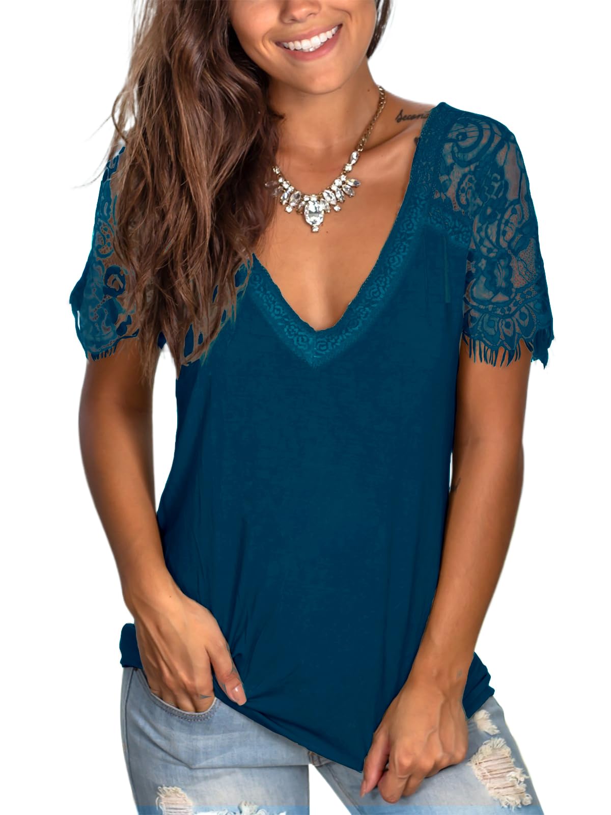 WMZCYXY Women's Lace Short Sleeve V-Neck T-Shirt - Elegant Summer Blouse for Casual Wear, Office & Date Nights