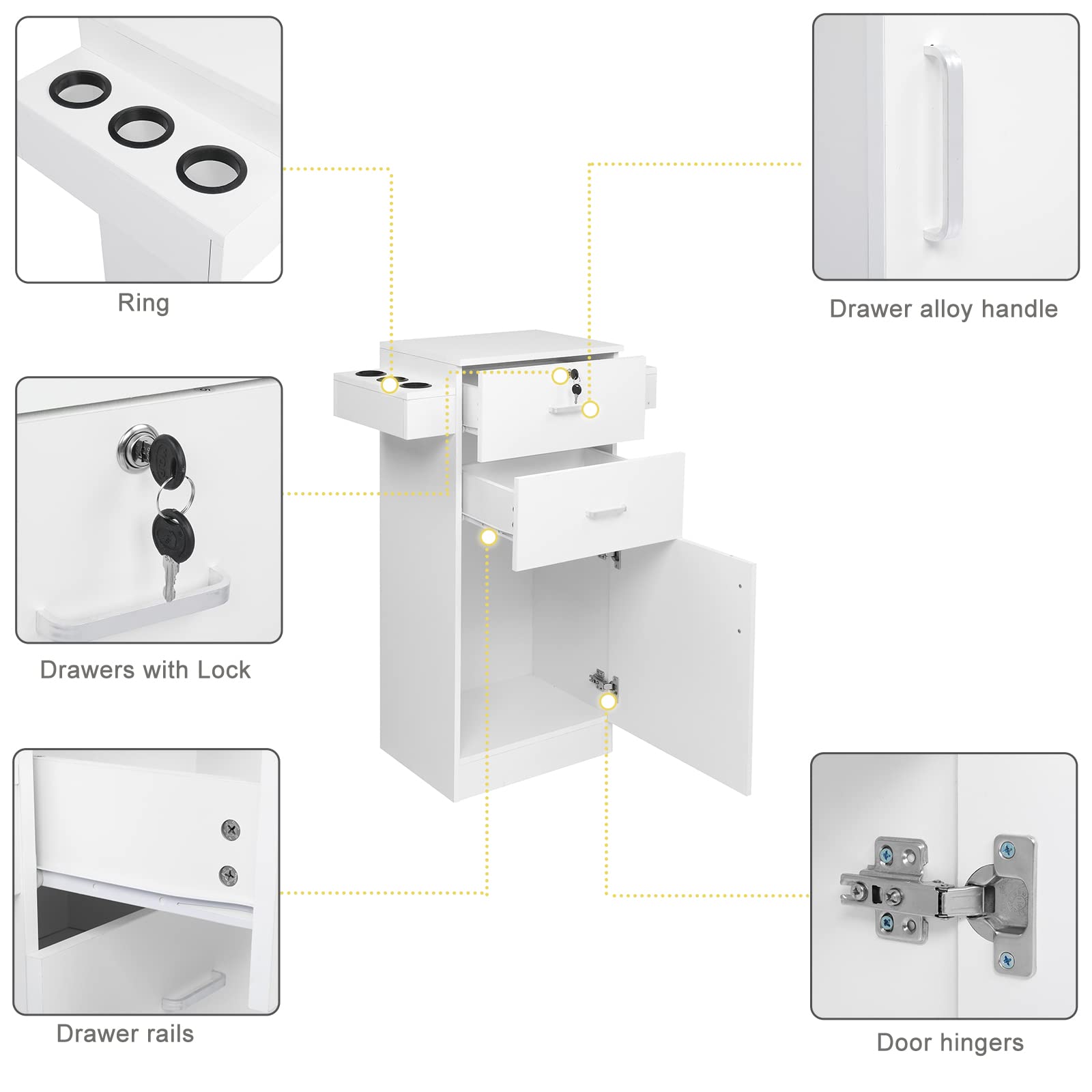 Professional Salon Storage Cabinet with 2 Drawers & 6 Hair Dryer Holders - White Beauty Salon Organizer Equipment for Styling Stations, Spa & Barber Shops - Perfect for Hair Stylists, Cosmetologists & Salon Storage Solutions