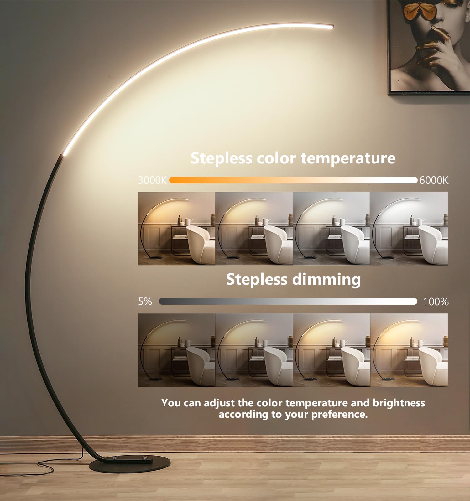 Modern LED Arc Floor Lamp with Remote Control - 25W Dimmable Standing Light (3000K-6000K Adjustable) for Living Room, Bedroom & Office - 170CM Tall Black Reading Lamp - Perfect for Cozy Reading Nooks, Home Office Lighting & Accent Illumination
