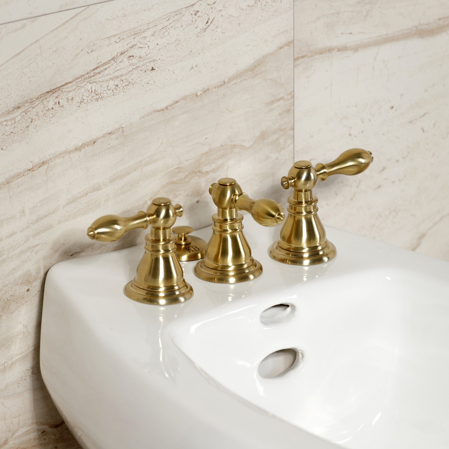 KB327ACL Brushed Brass 3-Handle Deck Mount Bidet Faucet with Vertical Spray & Brass Pop-Up - Perfect for Modern Bathrooms, Powder Rooms & Luxury Home Upgrades
