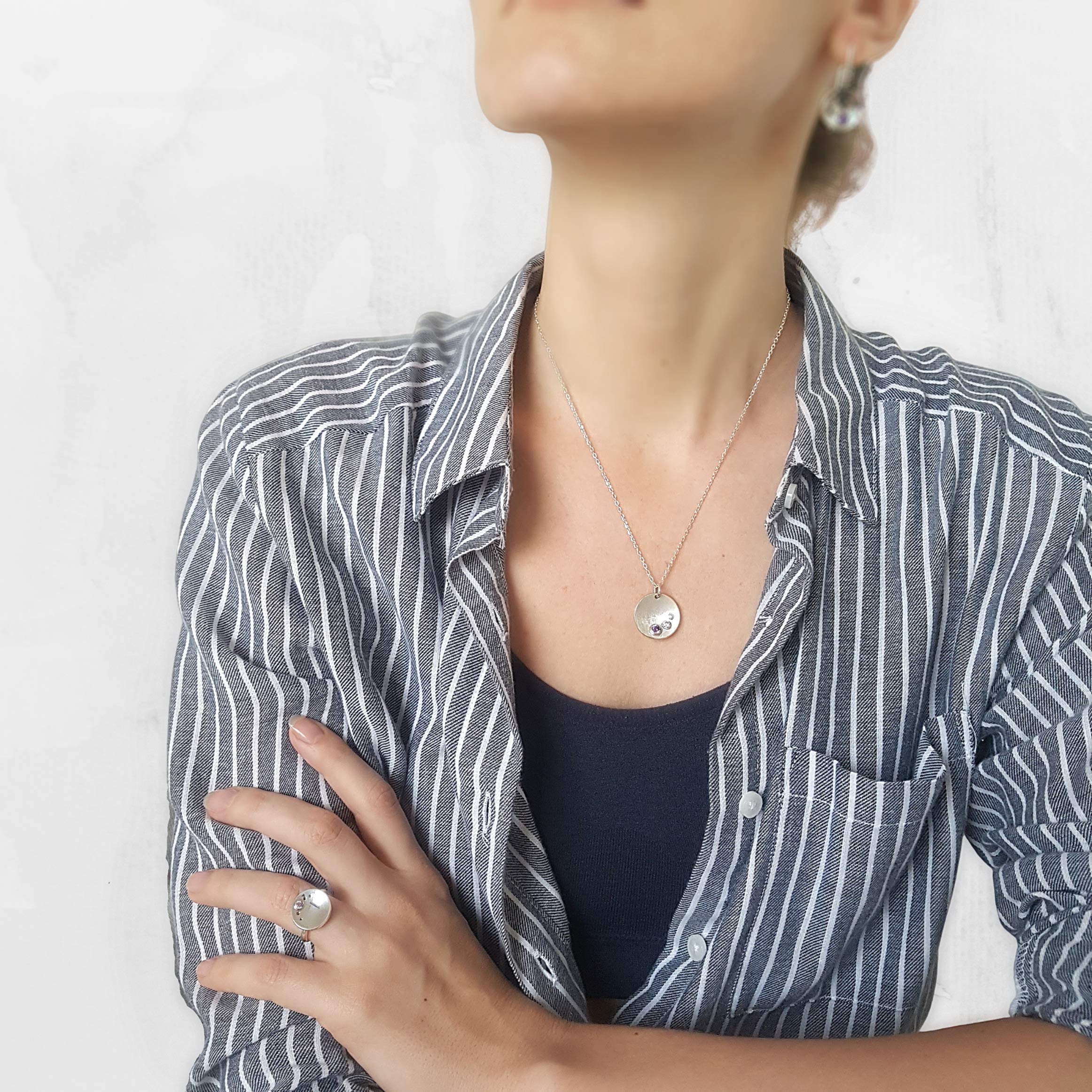 Circle Trio Stone Pendant Necklace - Sterling Silver CZ Jewelry with Satin Finish | Handmade in UK | Gift Box Included | Free Shipping | Perfect for Anniversary, Birthday & Valentine's Day Gifts
