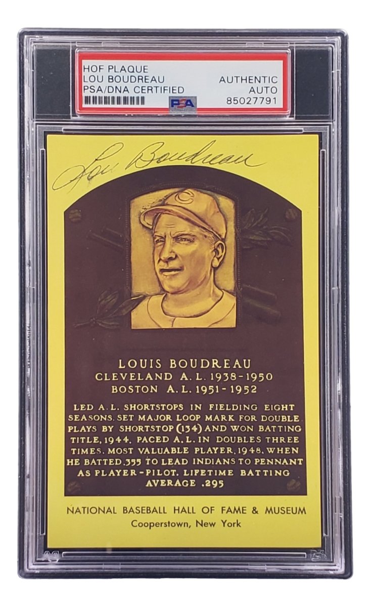 Lou Boudreau Autographed 4x6 Cleveland HOF Plaque Card - PSA/DNA Certified #85027791 - Perfect for Baseball Memorabilia Collections and Sports Fan Gifts