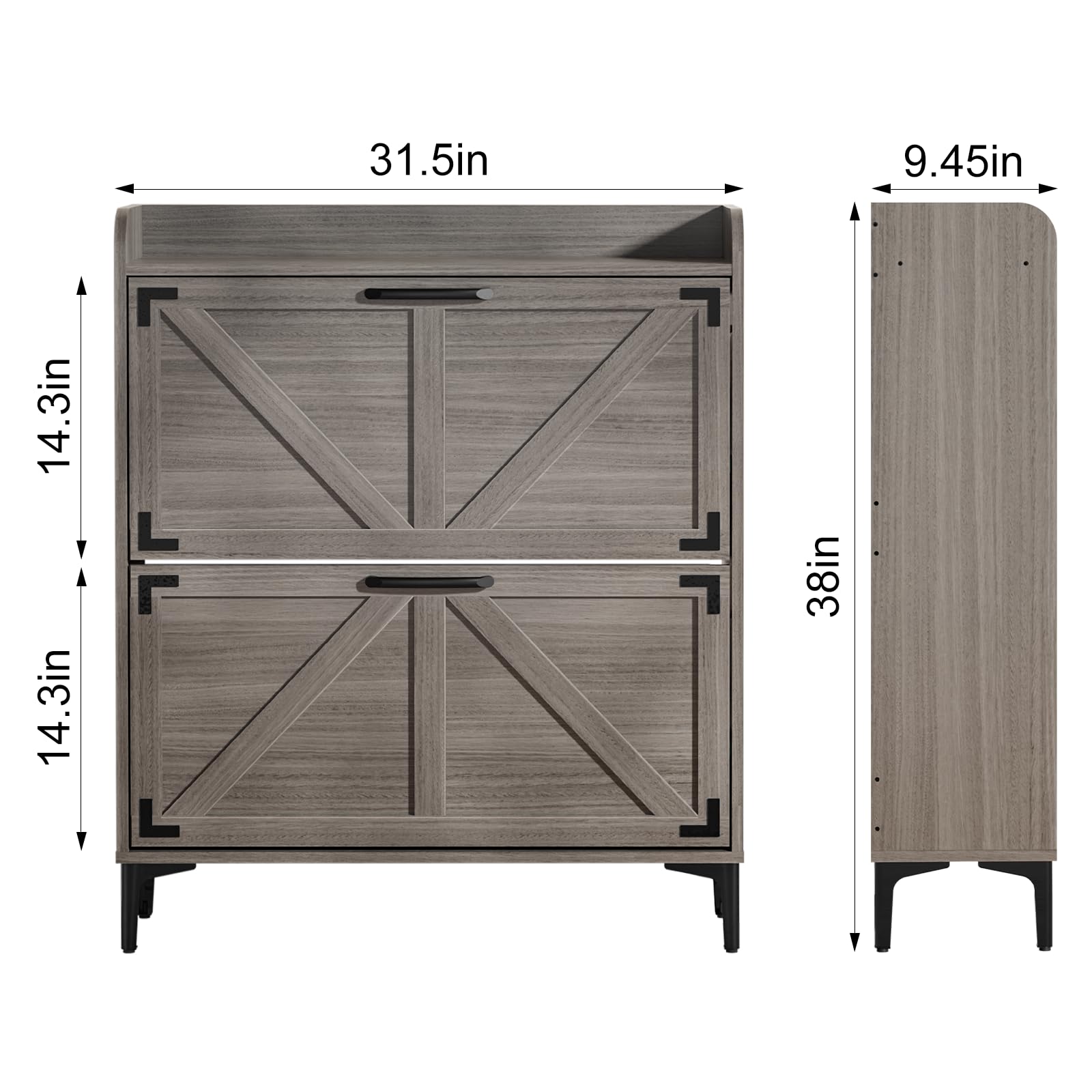 Modern Shoe Storage Cabinet with 2 Flip Drawers - Freestanding Entryway Organizer with Open Shelves & Farmhouse Style Legs in Washed Gray - Perfect for Small Spaces, Hallway, Closet & Apartment Organization
