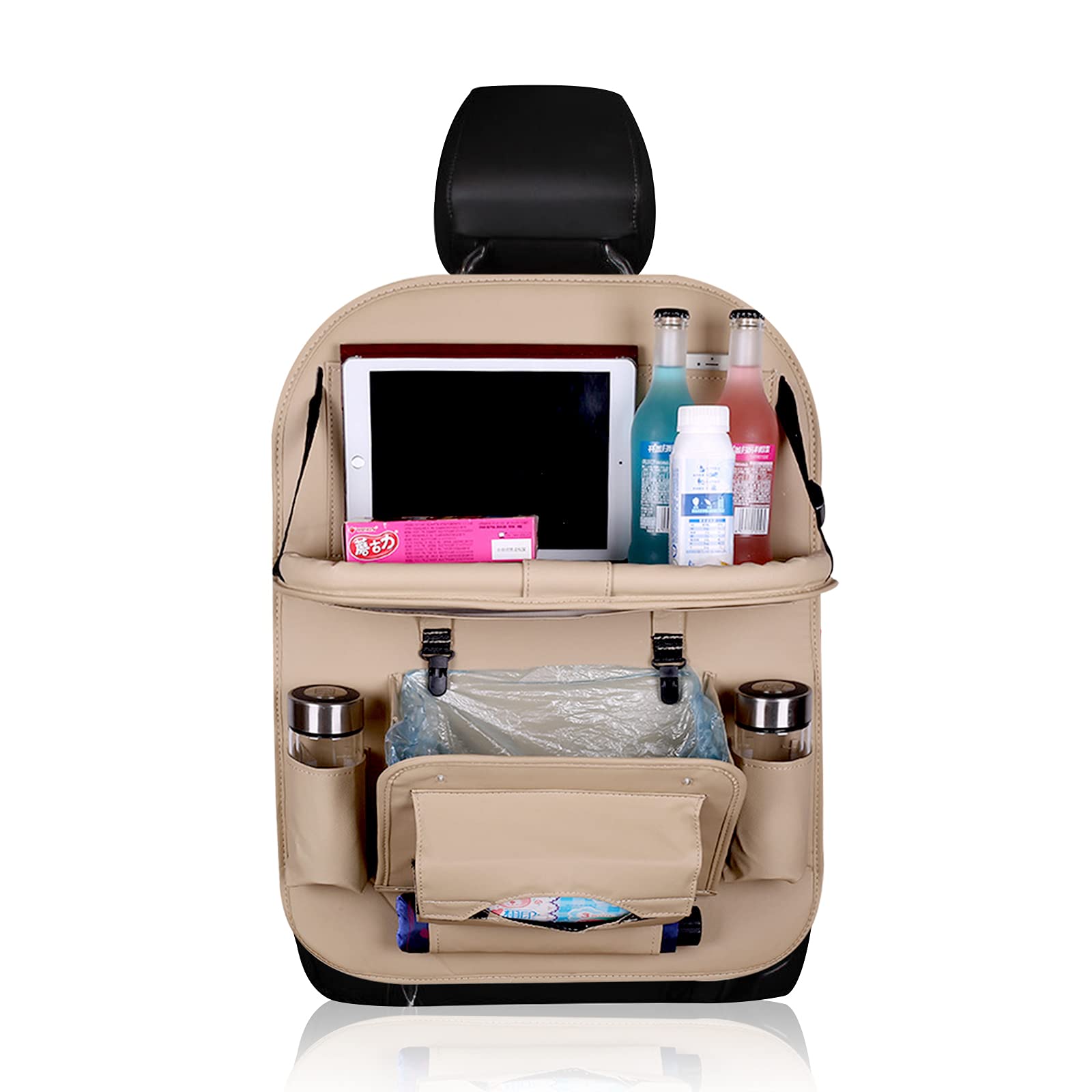 Upgraded Leather Car Backseat Organizer with Trash Can & Tablet Holder - Anti-Kick Seat Protector & Storage Bag for Kids Toddlers | Perfect for Road Trips, Family Travel & Keeping Your Car Clean (Beige)