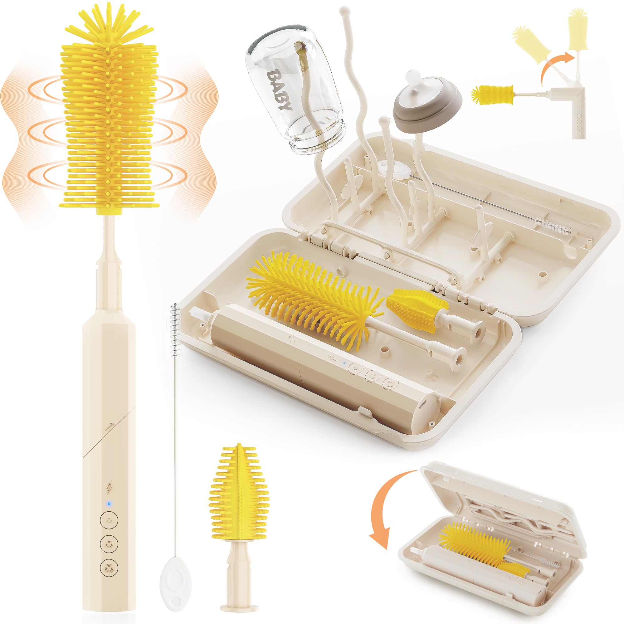 Electric Bottle Brush Cleaner - 6-in-1 Rechargeable Folding Brush Set with Silicone Brush, Nipple Brush, Straw Brush, Drying Rack & Storage Box | Baby Bottle Cleaning Kit for Travel, Home & Nursery Use