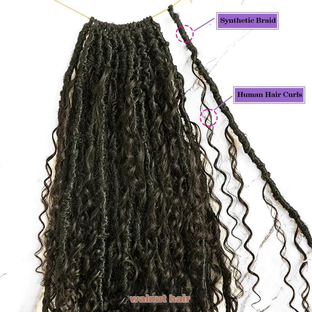 Pre-Looped Crochet Boho Faux Locs with Human Hair Curls | Goddess Crochet Locs with Curly Ends | Soft Dreadlocks Hair for Black Women | Natural Color 18 Inch 3 Packs (72 Locs) | Perfect for Protective Styling, Weddings & Everyday Wear