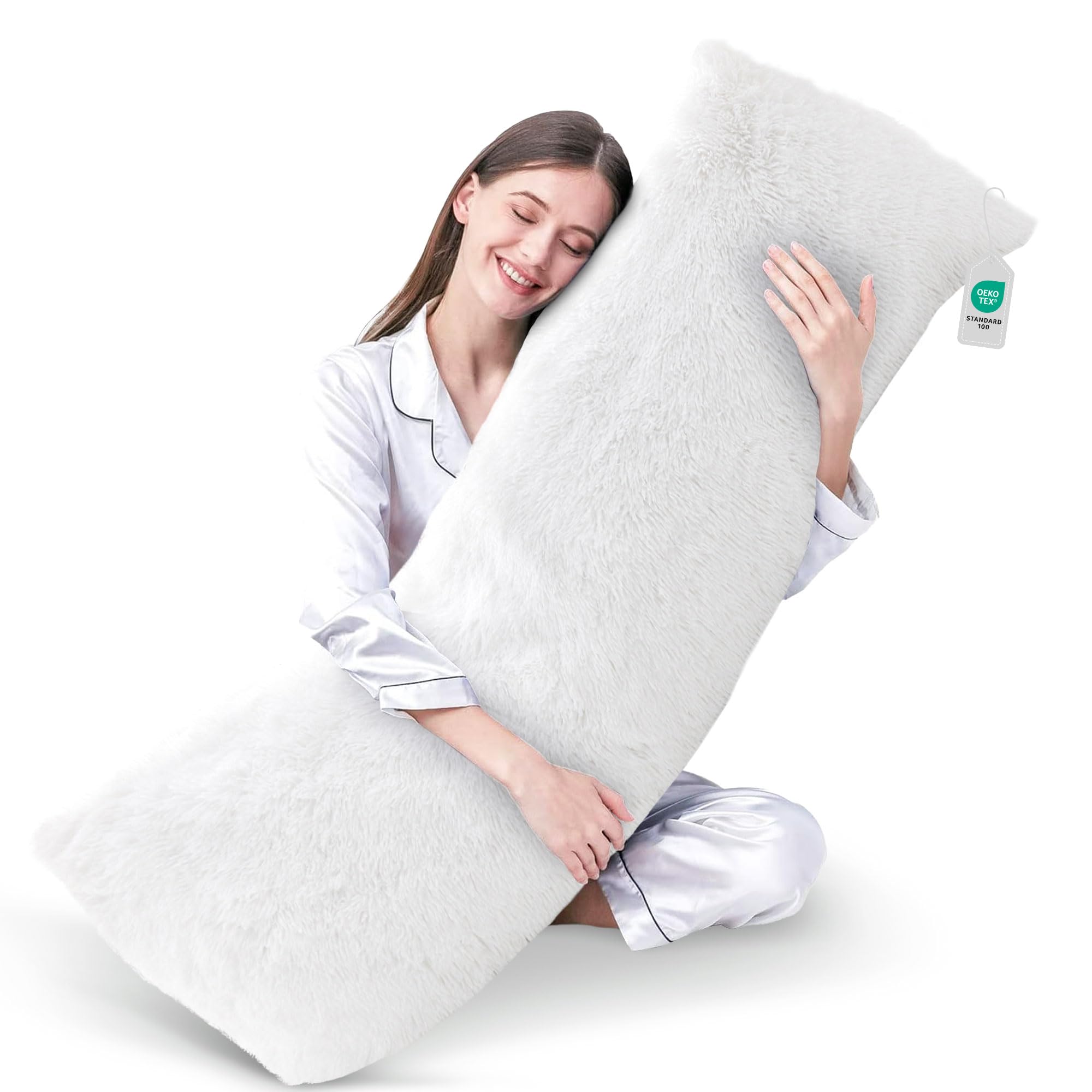 Cheer Collection Long Body Pillow - Ultra Soft 20x54 Plush Side Sleeper Pillow with Shaggy Cover for Couch & Bed | Perfect for Back Support, Pregnancy Comfort & Home Decor (White)