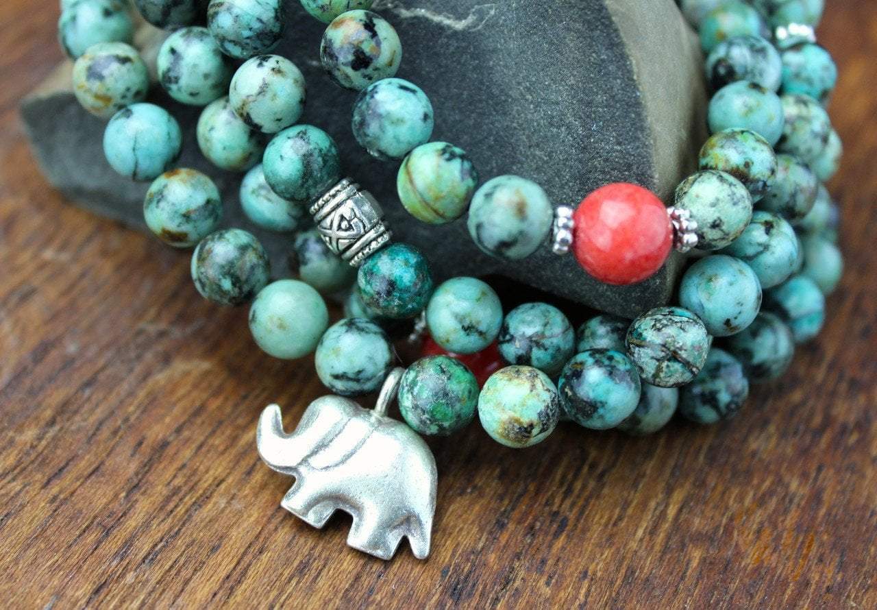 Handmade African Turquoise Elephant Stretch Mala Beads - Meditation, Yoga & Spiritual Healing Jewelry for Women & Men