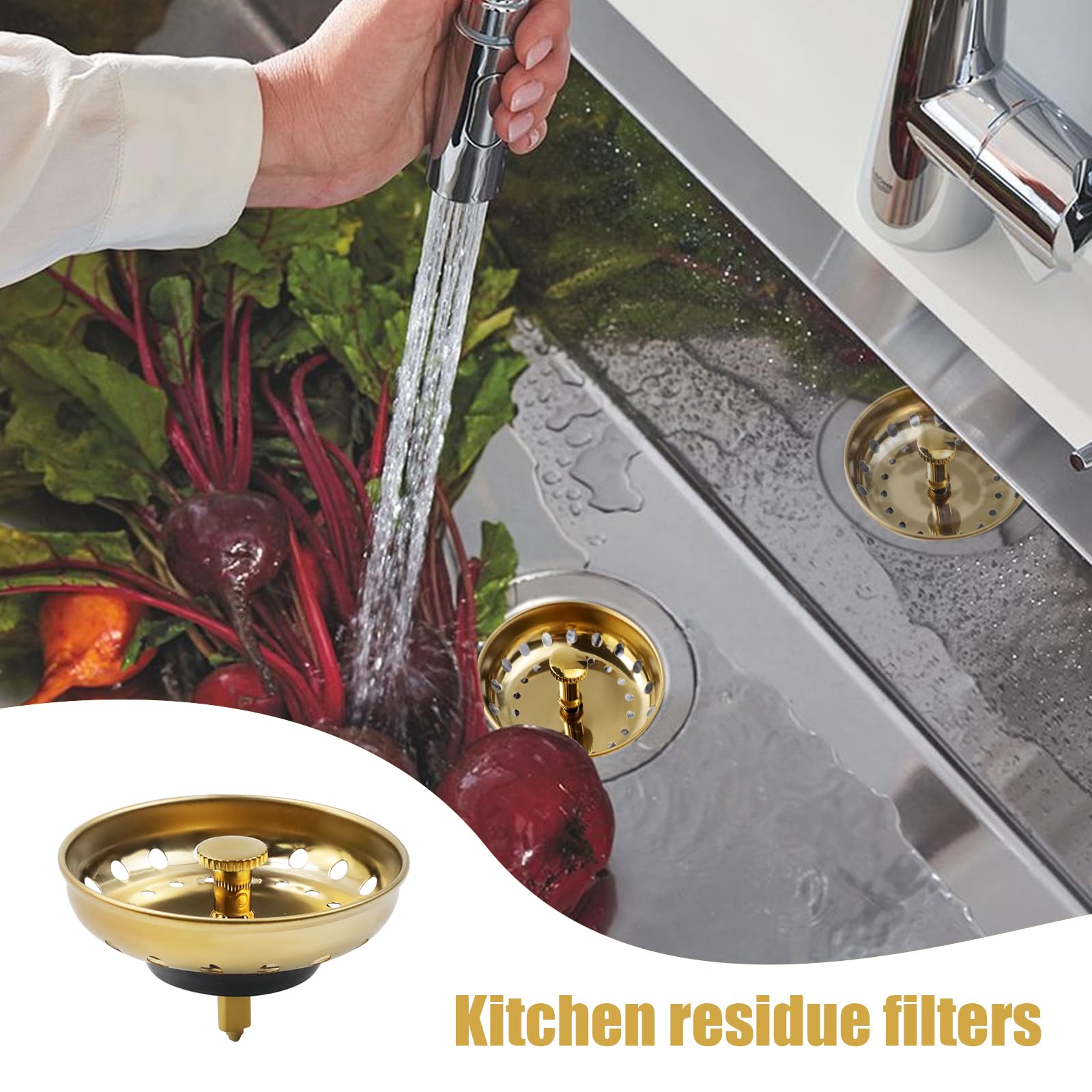 Antrader 3Pcs Gold Stainless Steel Kitchen Sink Drain Strainer & Stopper Set - Durable Sink Basket Filter for Food Waste, Hair Clog Prevention - Perfect for Kitchen, Bathroom, RV & Camper Use