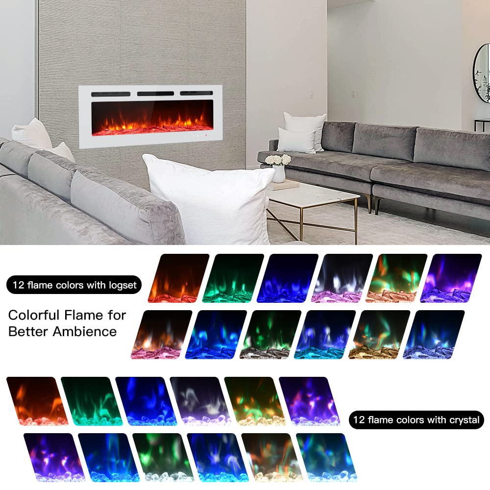 Maxhonor 40-Inch Recessed Electric Fireplace Wall Heater - 1500W/750W with Remote Control, Timer, 12 Flame Colors & 5 Settings - White Glass Panel for Living Room, Bedroom & Office