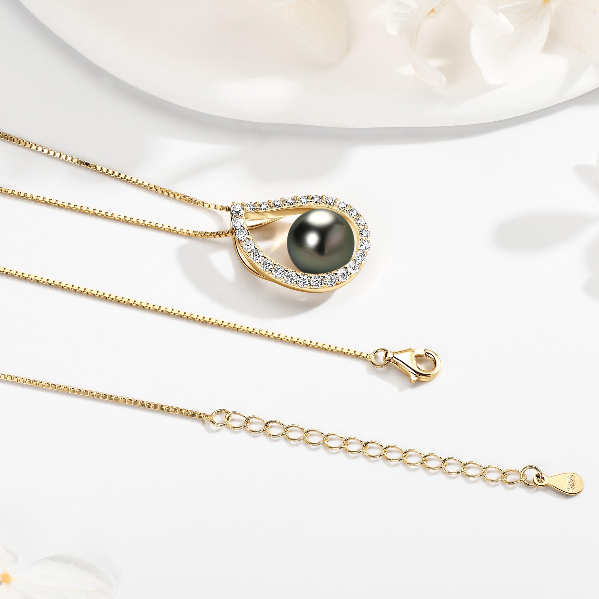 Tahitian Black Pearl Necklace - 925 Silver with Moissanite for Women | Gift for Wife & Mom | Anniversary & Birthday Jewelry