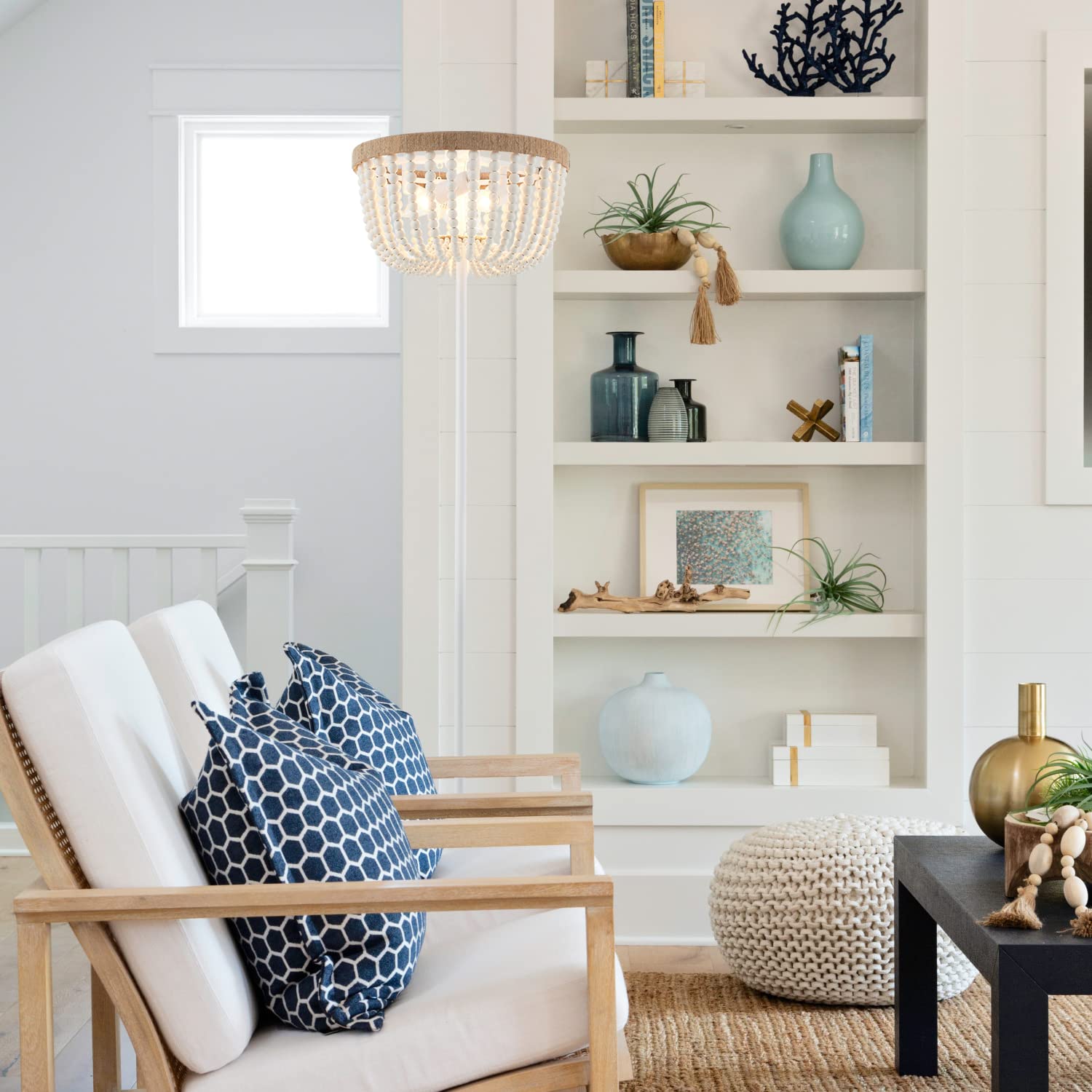 Boho Floor Lamp with White Wood Beaded Shade - 3-Light Modern Rattan Lighting for Bedroom, Living Room, Nursery & Dorm Decor | Perfect for Cozy Reading Nook, Boho Home Aesthetic & Relaxing Ambiance