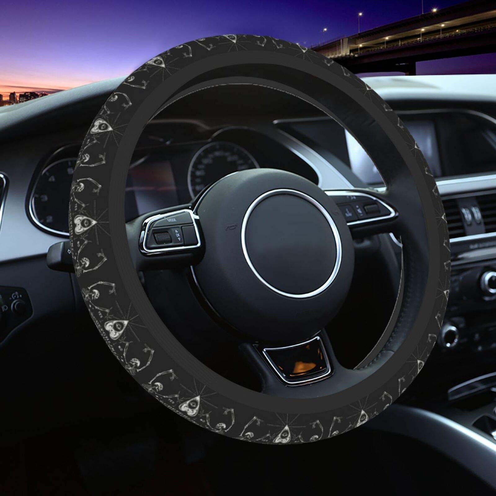 Vintage Skeleton Magic Ouija Black Car Steering Wheel Cover - Universal 15 Inch, Soft Elastic & Warm Winter Steering Wheel Protector - Perfect for Women, Men & Teens - Enhance Grip & Comfort for Cold Weather Driving