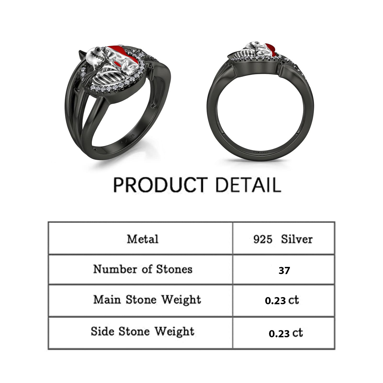 Jeulia Gothic Skull Diamond Ring - Sterling Silver Jack & Sally Skeleton Band for Women | Halloween Jewelry, Engagement, Anniversary & Christmas Gift with Box | Perfect for Cosplay, Gothic Fashion & Special Occasions